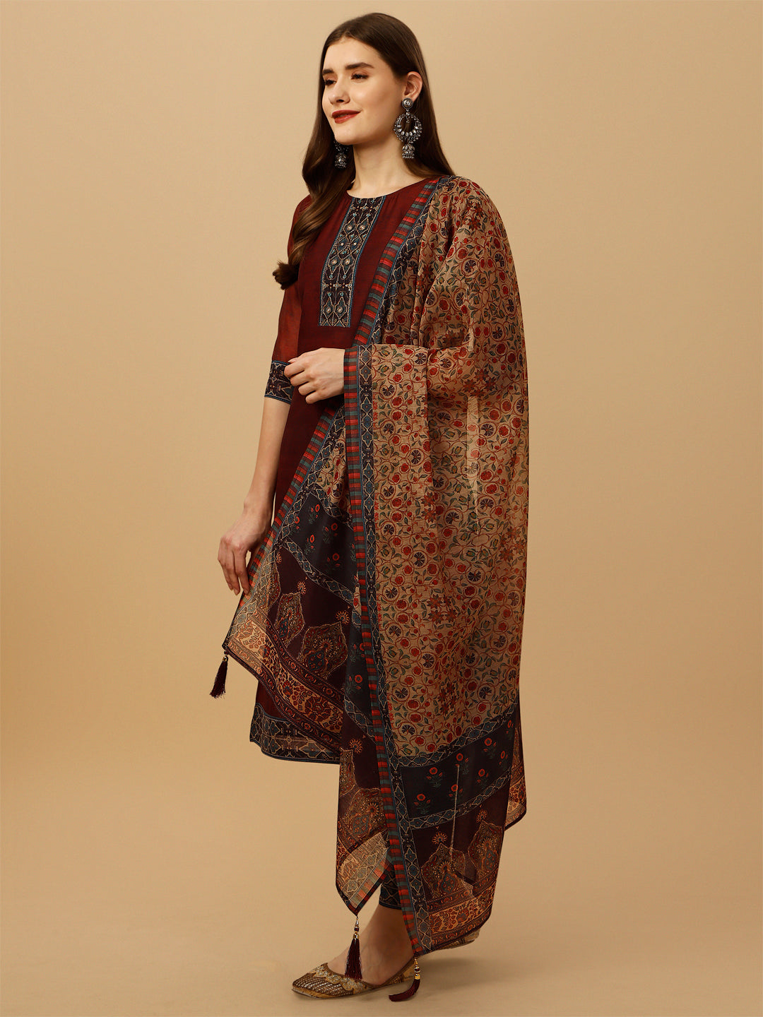 Embroidered And Printed Kurta With Pant And Dupatta Set, Multicolor - Hiral Fashion