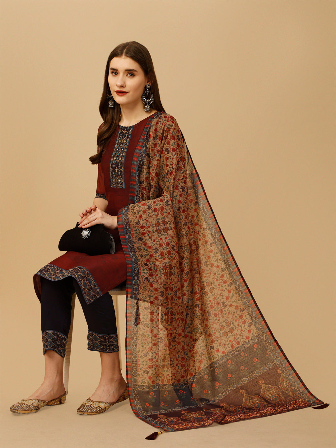Embroidered And Printed Kurta With Pant And Dupatta Set, Multicolor - Hiral Fashion