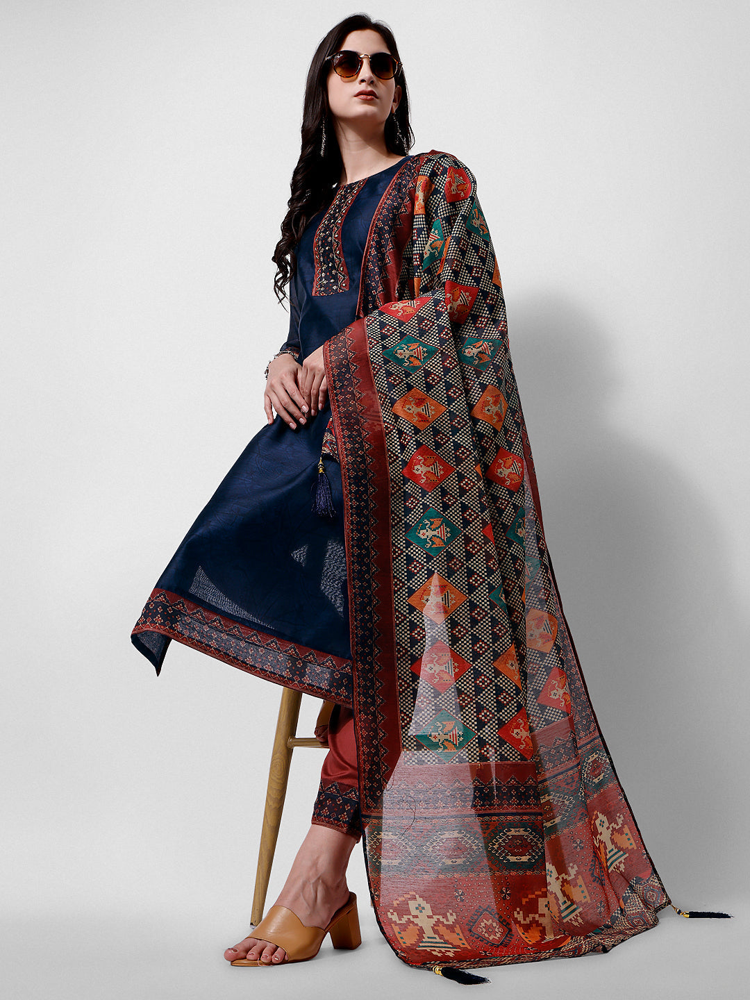Embroidered Kurta With Pant And Printed Dupatta Set, Multicolor - Hiral Fashion