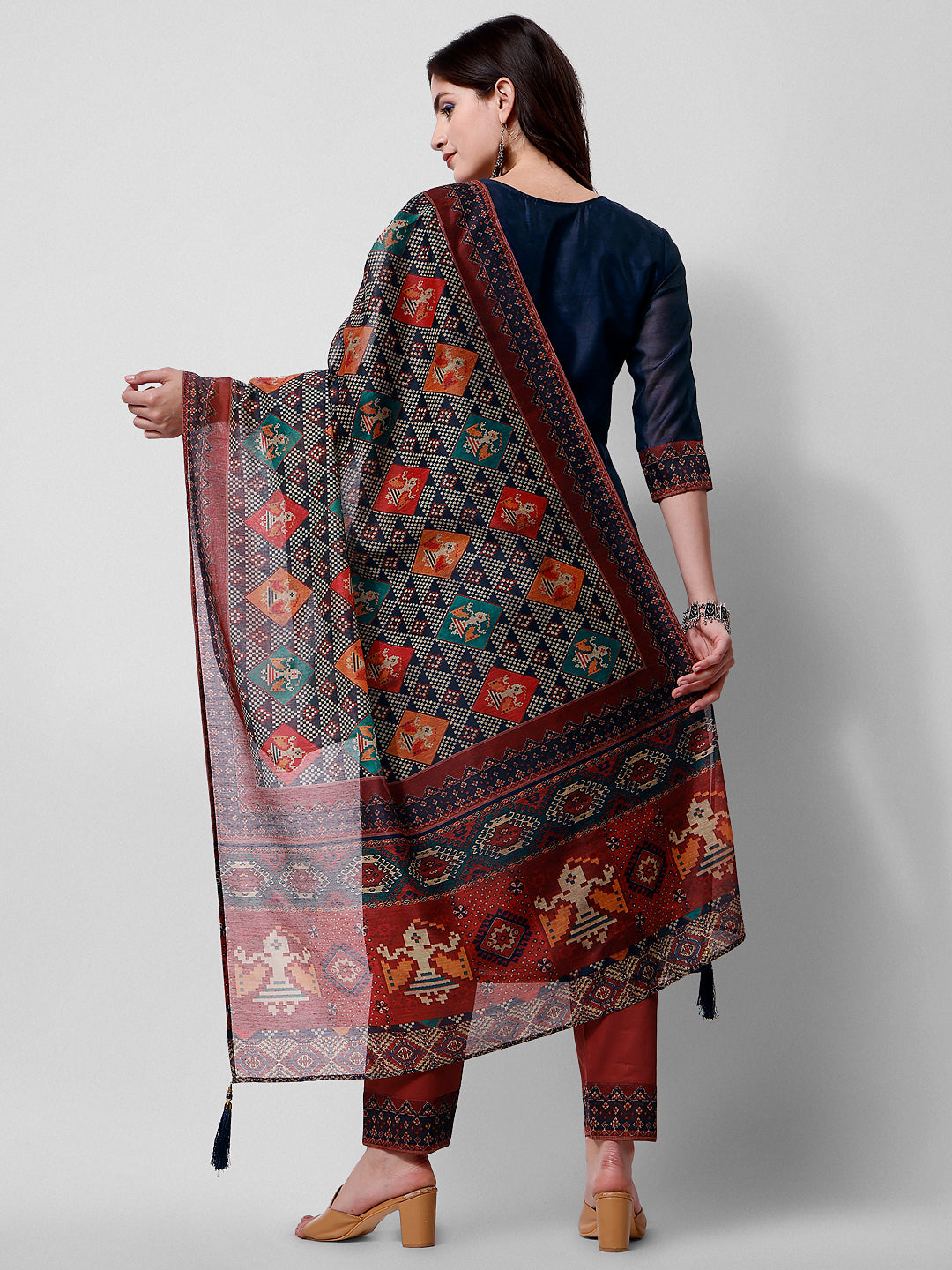 Embroidered Kurta With Pant And Printed Dupatta Set, Multicolor - Hiral Fashion
