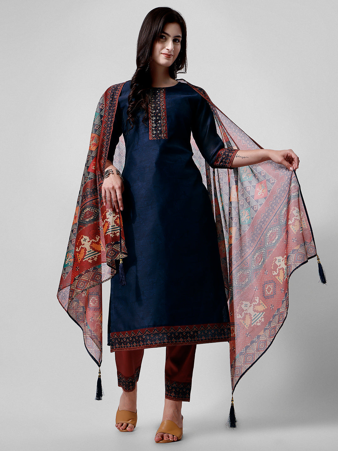 Embroidered Kurta With Pant And Printed Dupatta Set, Multicolor - Hiral Fashion