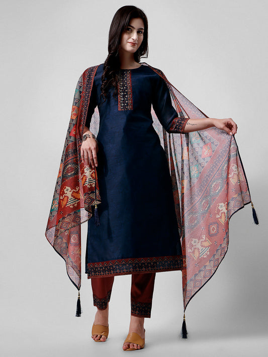 Embroidered Kurta With Pant And Printed Dupatta Set, Multicolor - Hiral Fashion