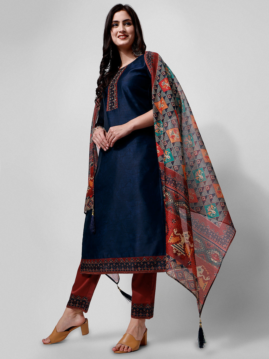Embroidered Kurta With Pant And Printed Dupatta Set, Multicolor - Hiral Fashion