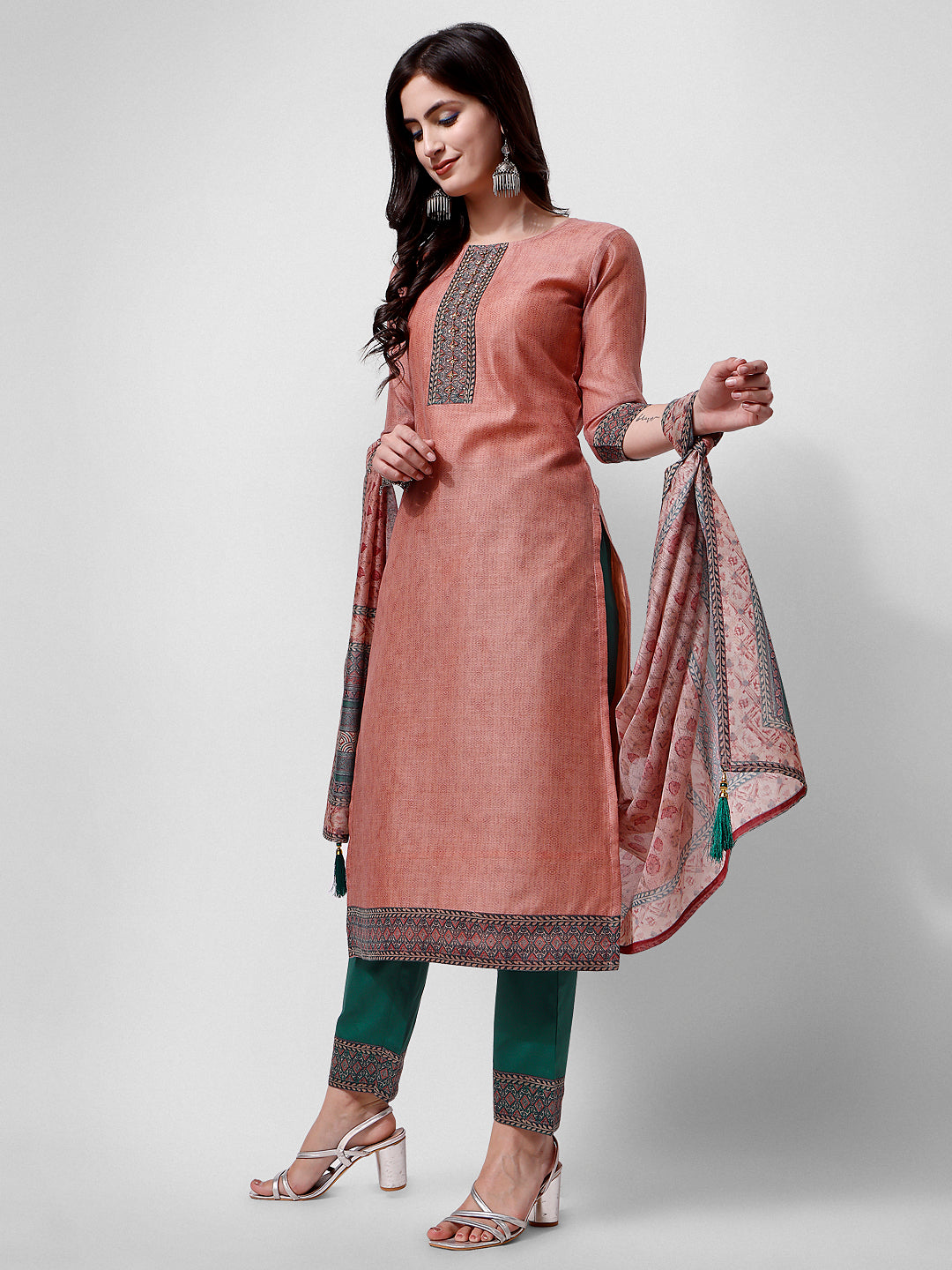 Embroidered Kurta With Pant And Dupatta Set, Multicolor - Hiral Fashion