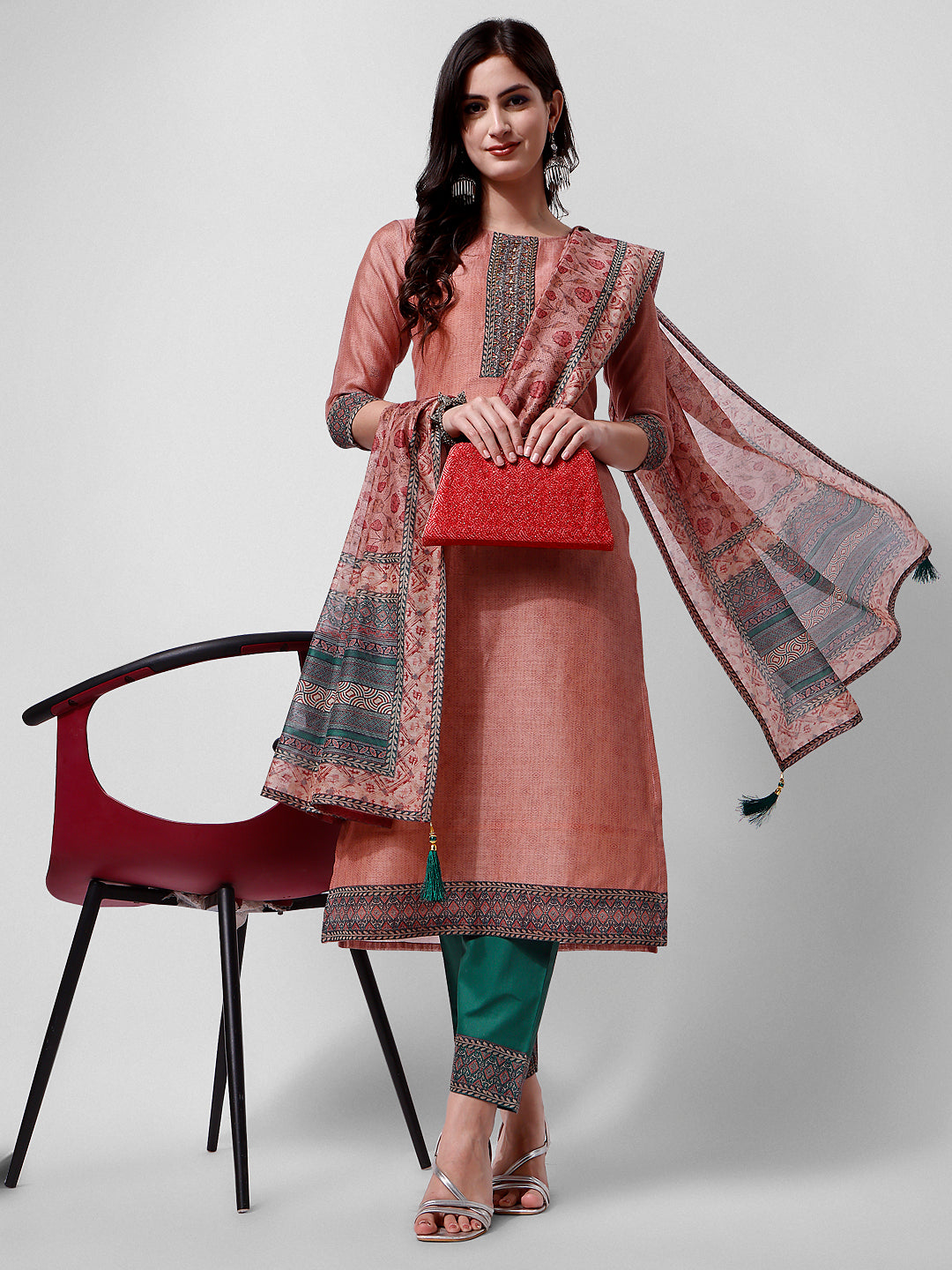 Embroidered Kurta With Pant And Dupatta Set, Multicolor - Hiral Fashion