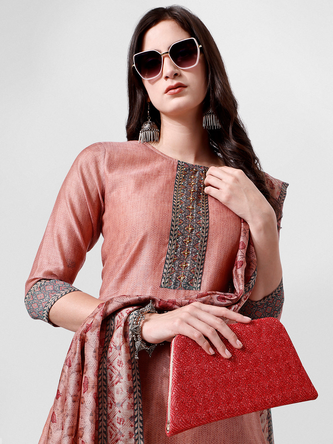 Embroidered Kurta With Pant And Dupatta Set, Multicolor - Hiral Fashion