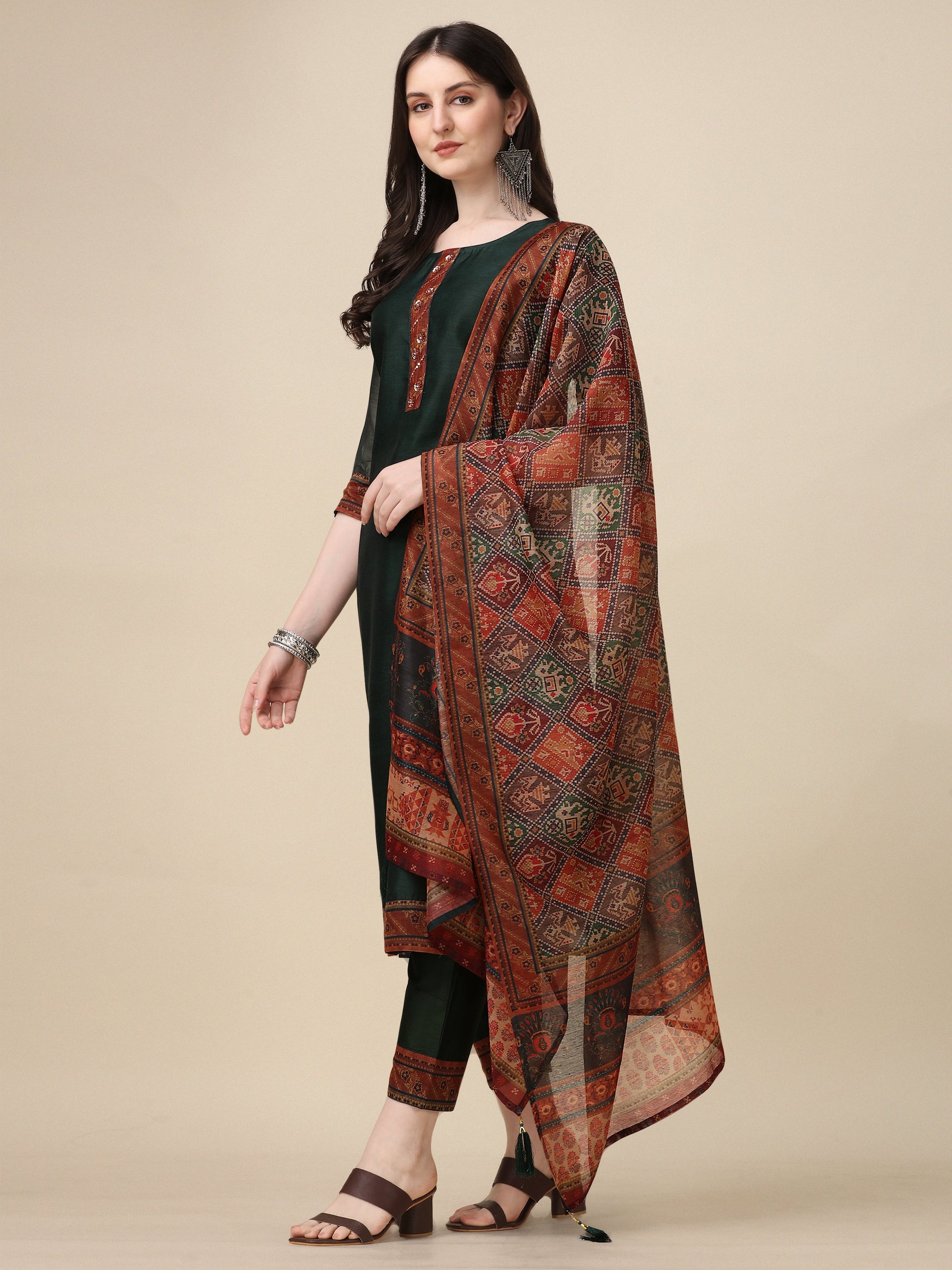 Hand Embroidered Kurta With Pant And Dupatta Set, Multicolor - Hiral Fashion