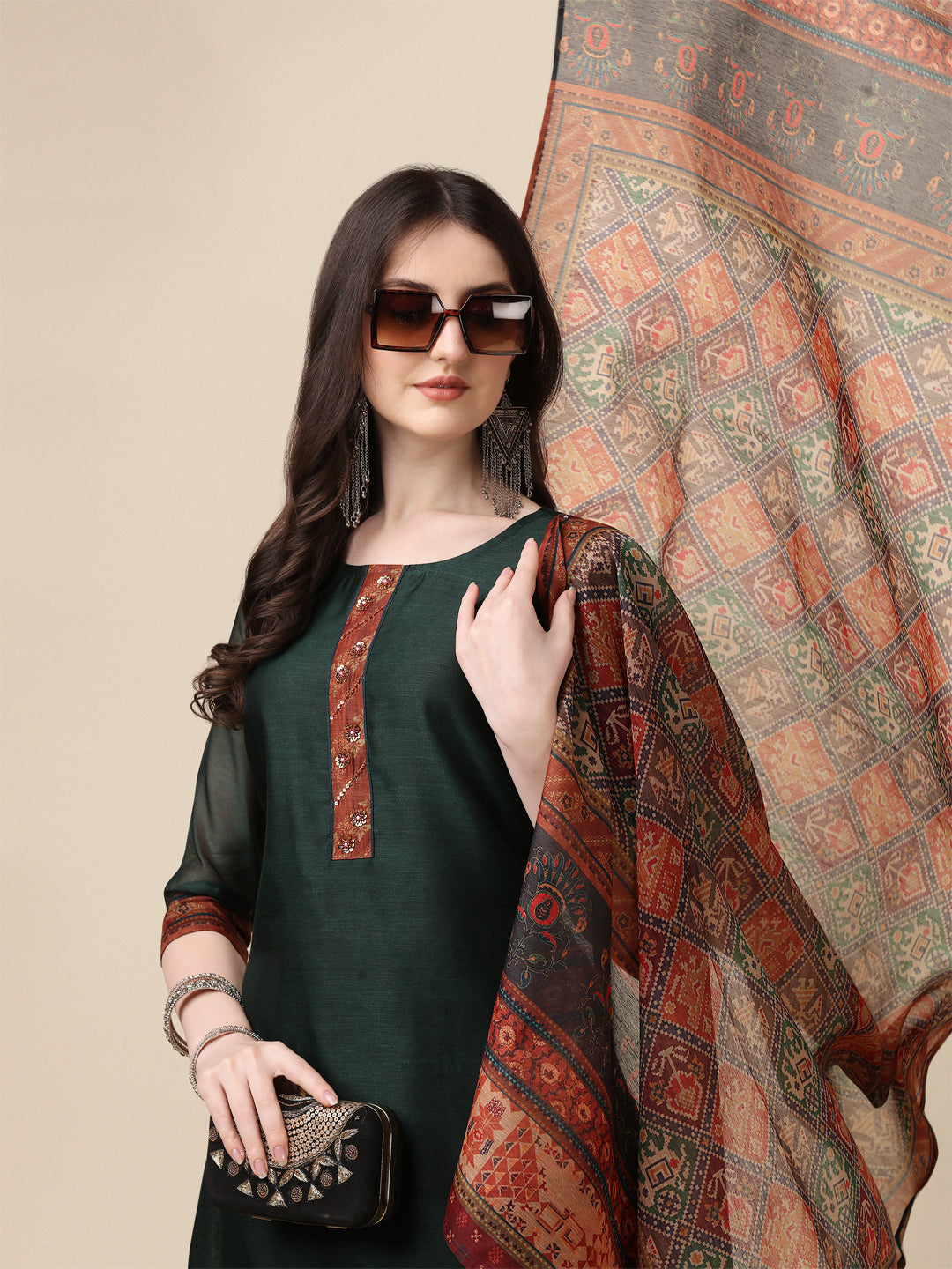 Hand Embroidered Kurta With Pant And Dupatta Set, Multicolor - Hiral Fashion