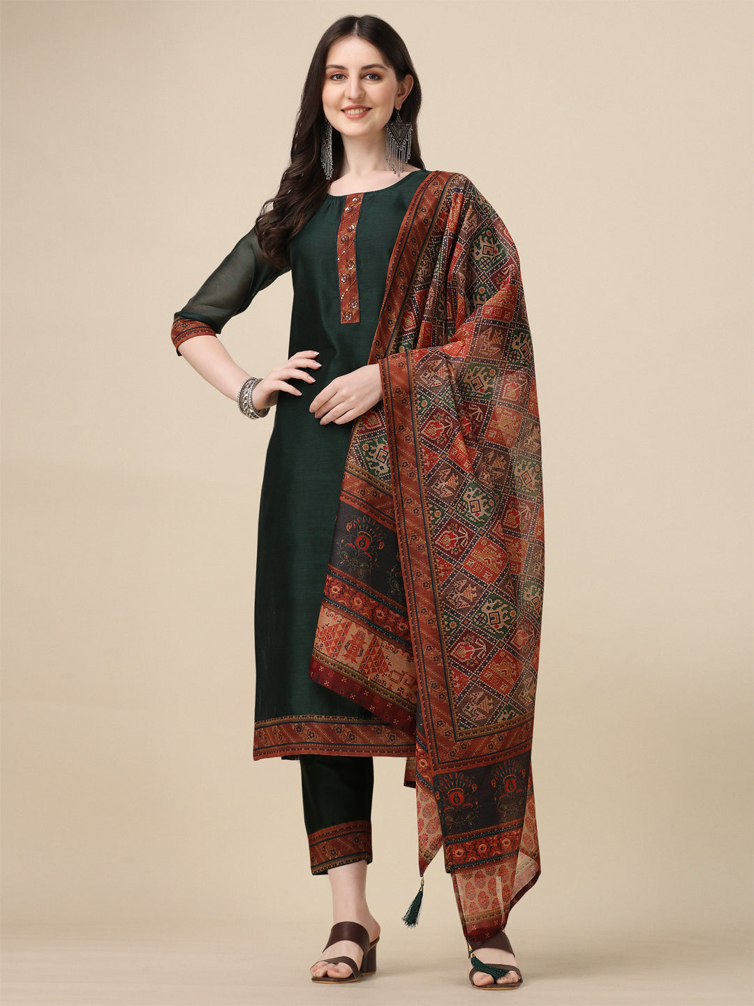 Hand Embroidered Kurta With Pant And Dupatta Set, Multicolor - Hiral Fashion