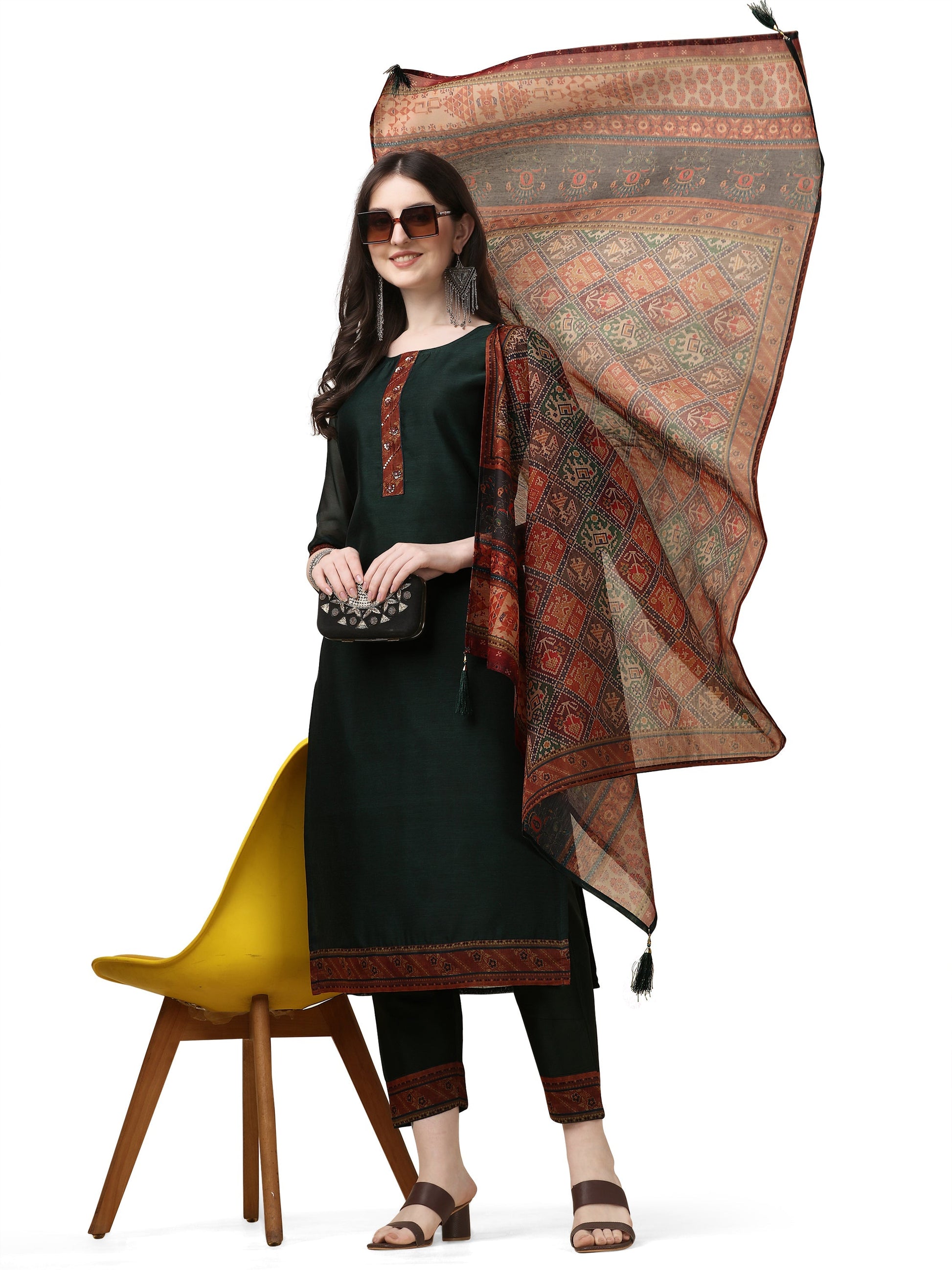 Hand Embroidered Kurta With Pant And Dupatta Set, Multicolor - Hiral Fashion