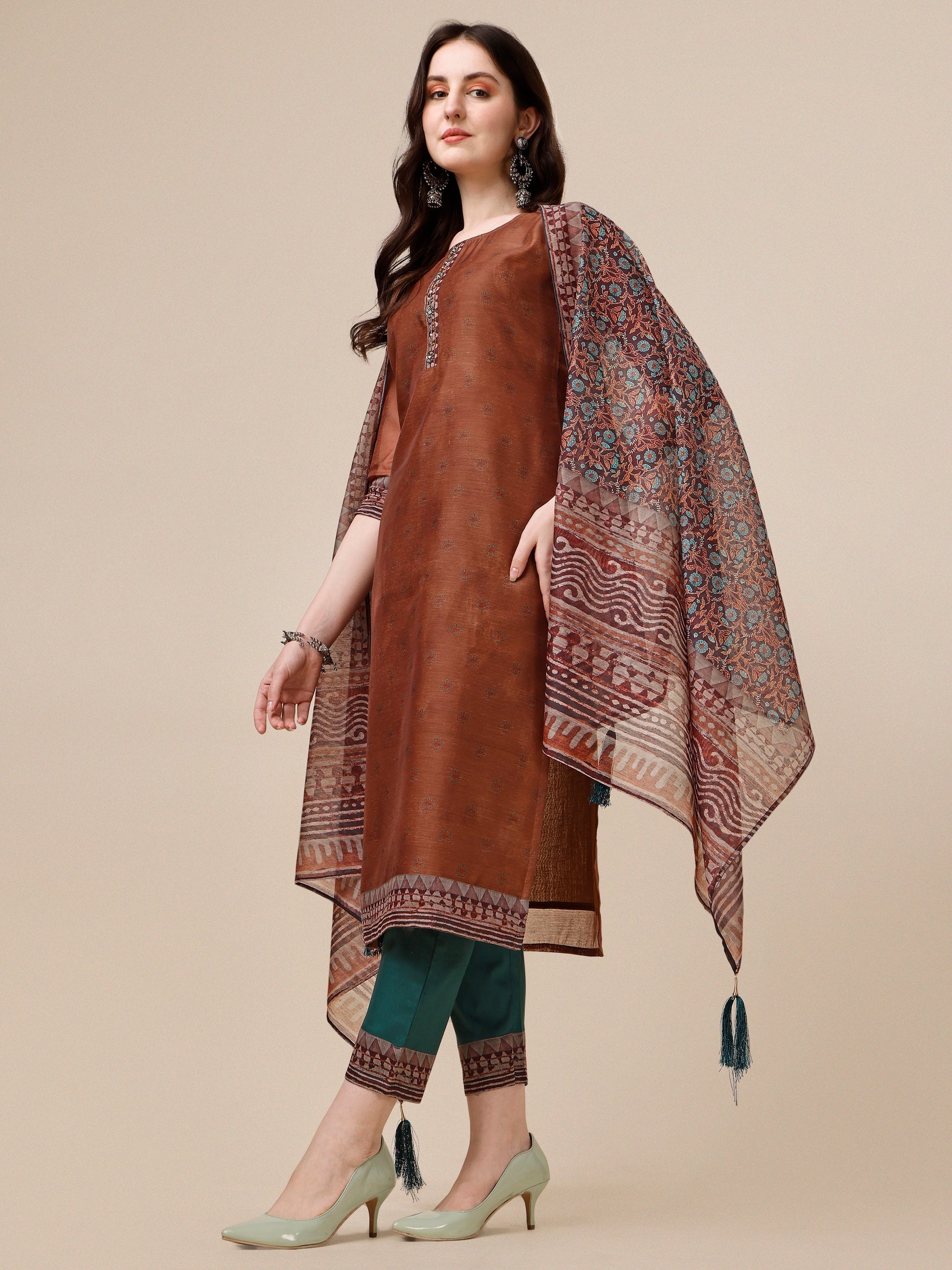 Kurta With Pant And Printed Dupatta Set, Multicolor - Hiral Fashion