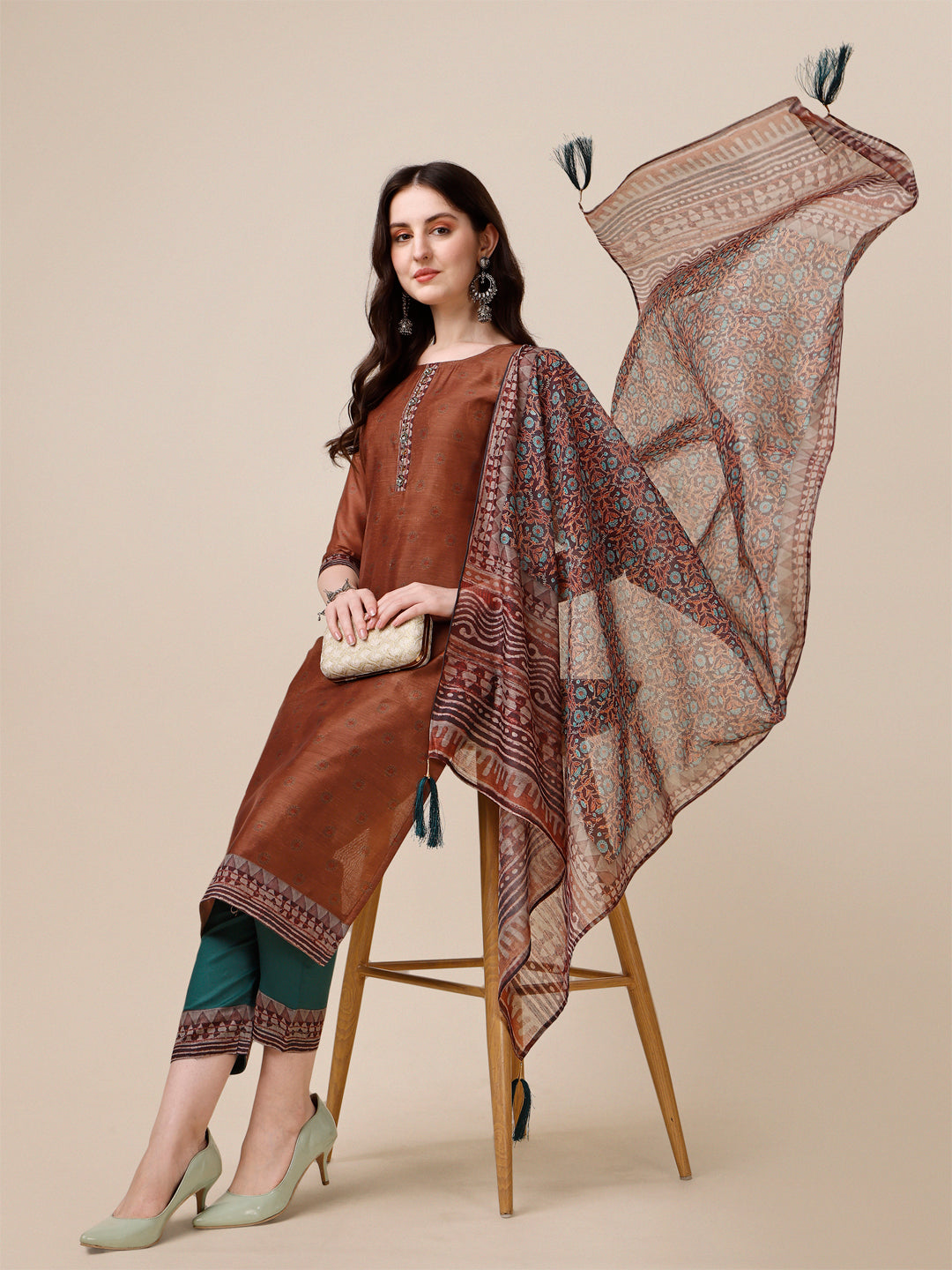 Kurta With Pant And Printed Dupatta Set, Multicolor - Hiral Fashion