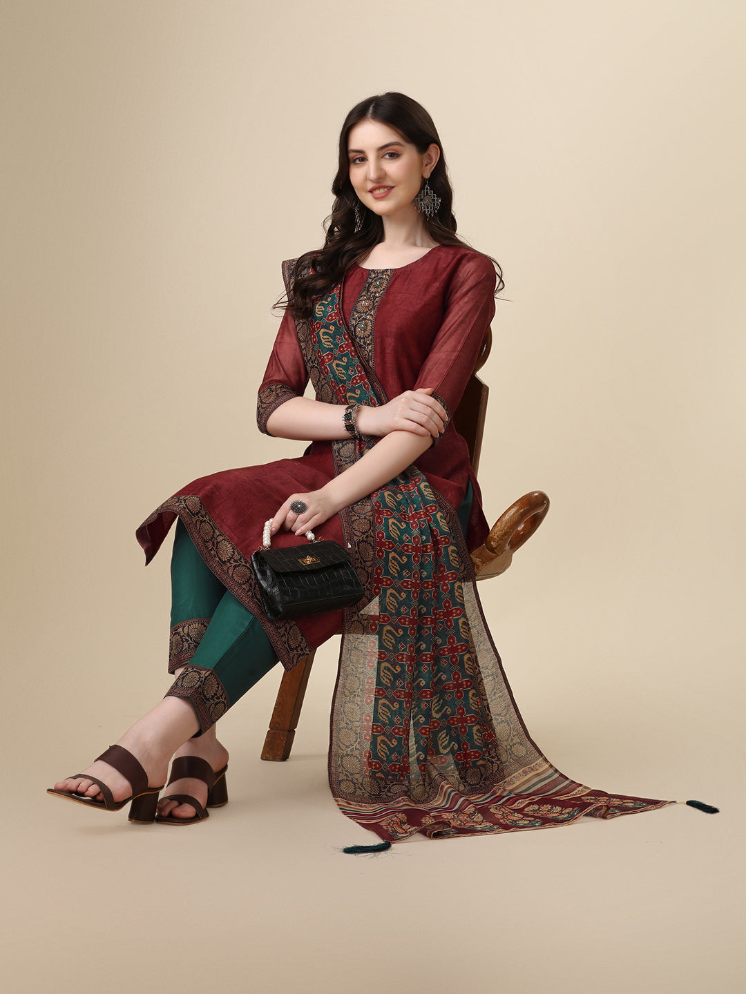 Printed & Hand Embroidered Kurta With Pant And Printed Dupatta Set, Multicolor - Hiral Fashion
