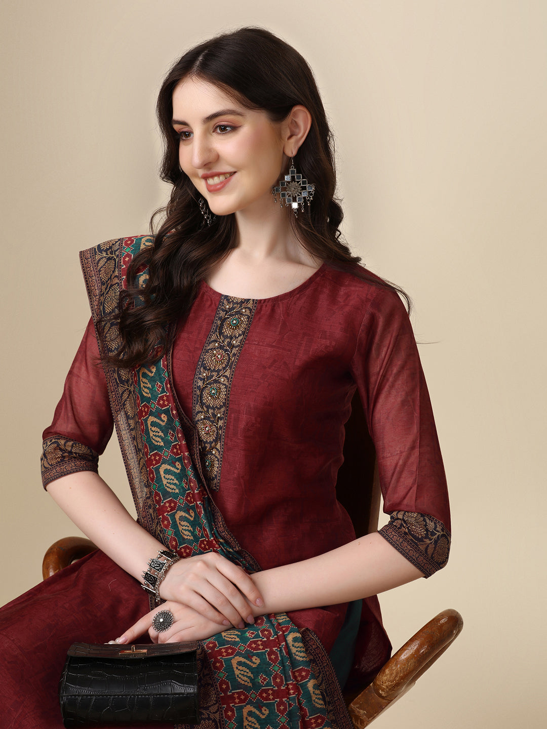 Printed & Hand Embroidered Kurta With Pant And Printed Dupatta Set, Multicolor - Hiral Fashion