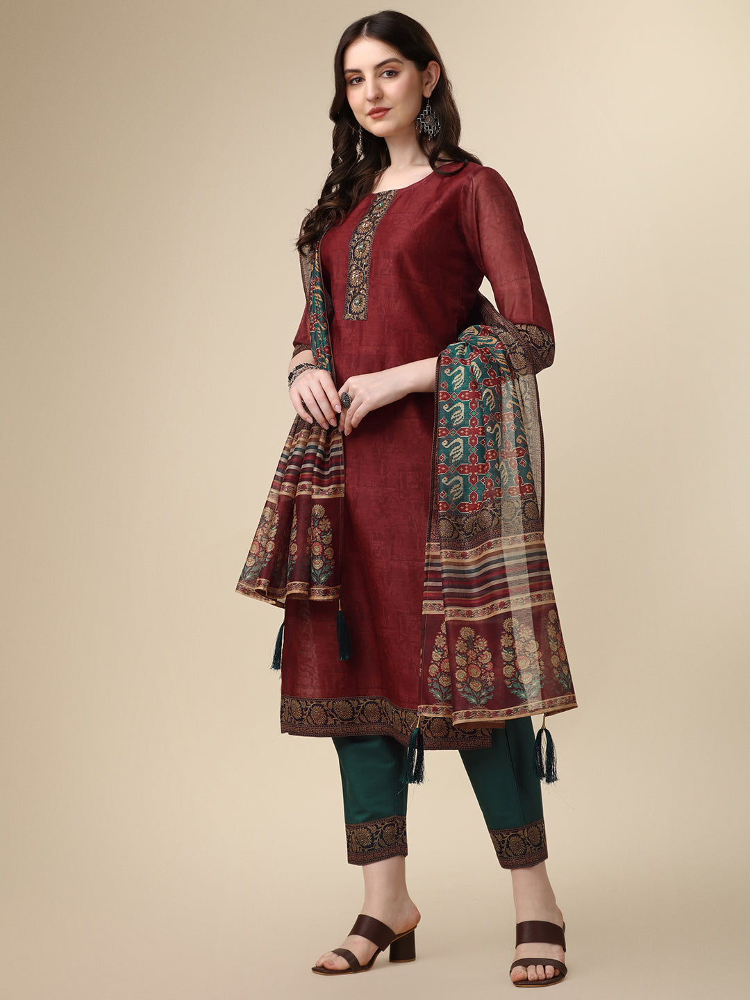 Printed & Hand Embroidered Kurta With Pant And Printed Dupatta Set, Multicolor - Hiral Fashion