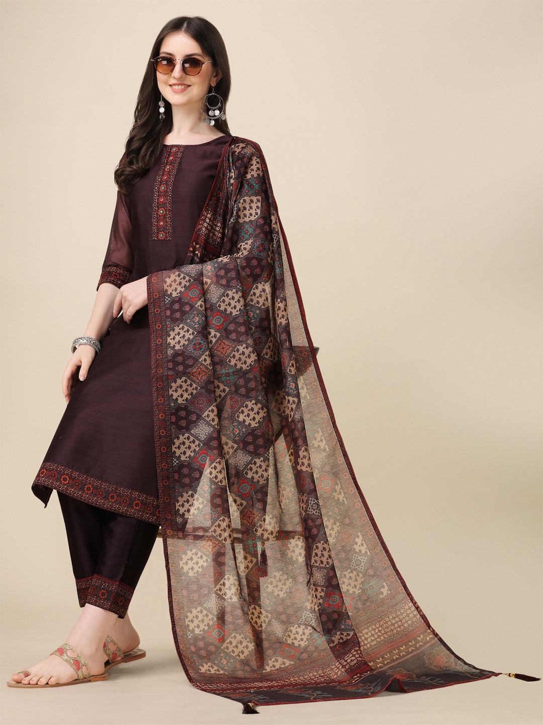 Hand Embroidered Kurta With Pant And Dupatta Set, Multicolor - Hiral Fashion
