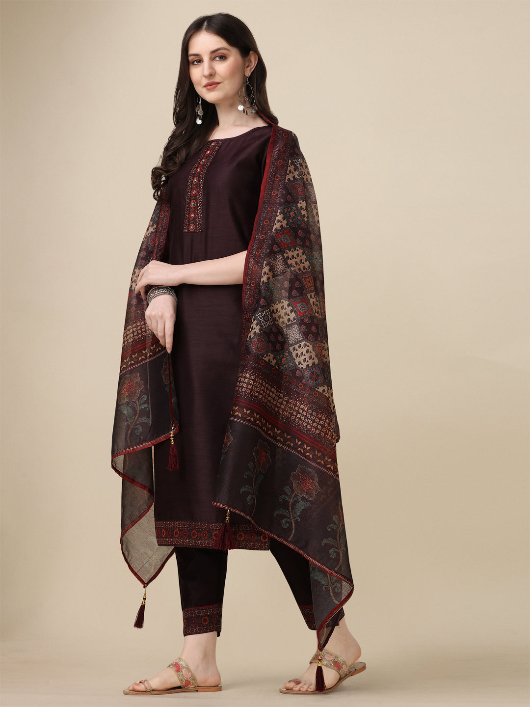 Hand Embroidered Kurta With Pant And Dupatta Set, Multicolor - Hiral Fashion