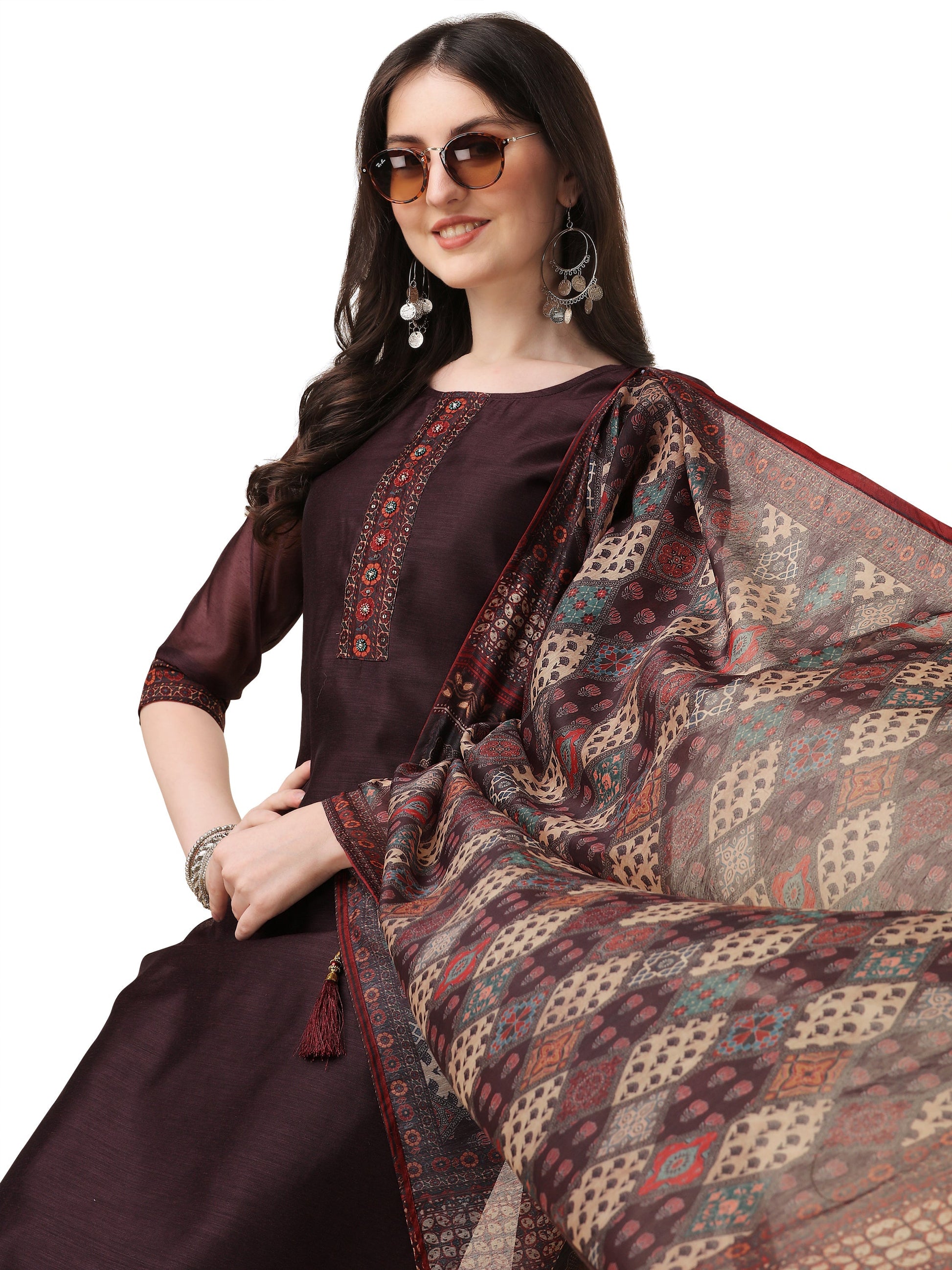 Hand Embroidered Kurta With Pant And Dupatta Set, Multicolor - Hiral Fashion