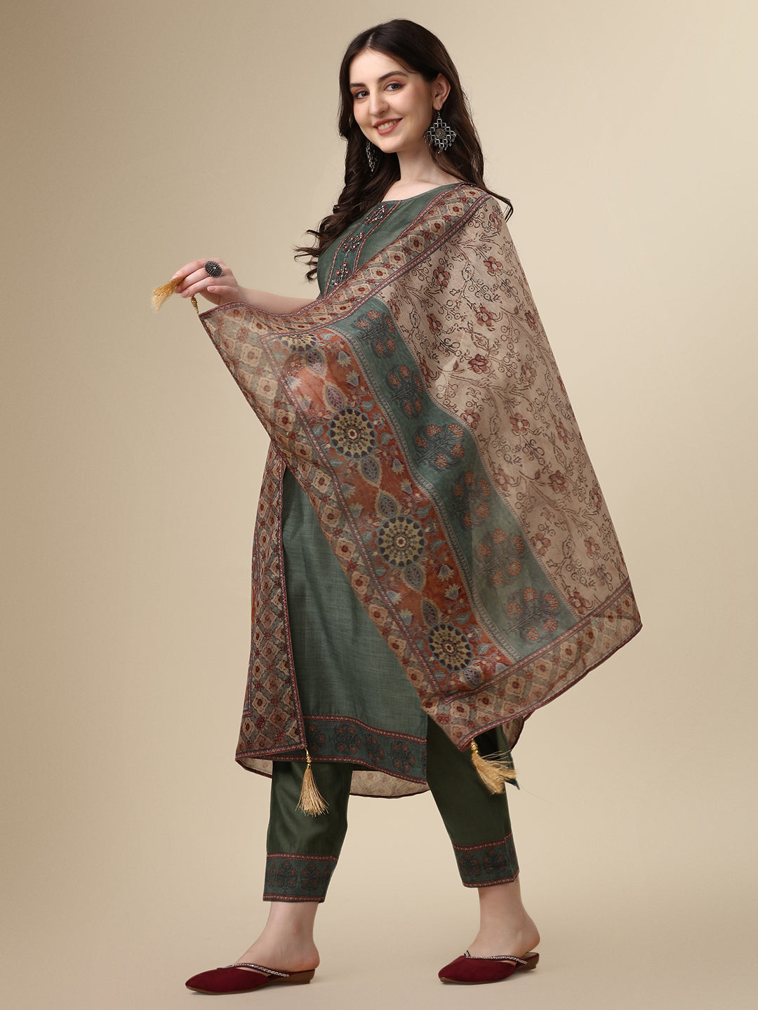 Printed & Hand Embroidered Kurta With Pant And Printed Dupatta Set, Multicolor - Hiral Fashion