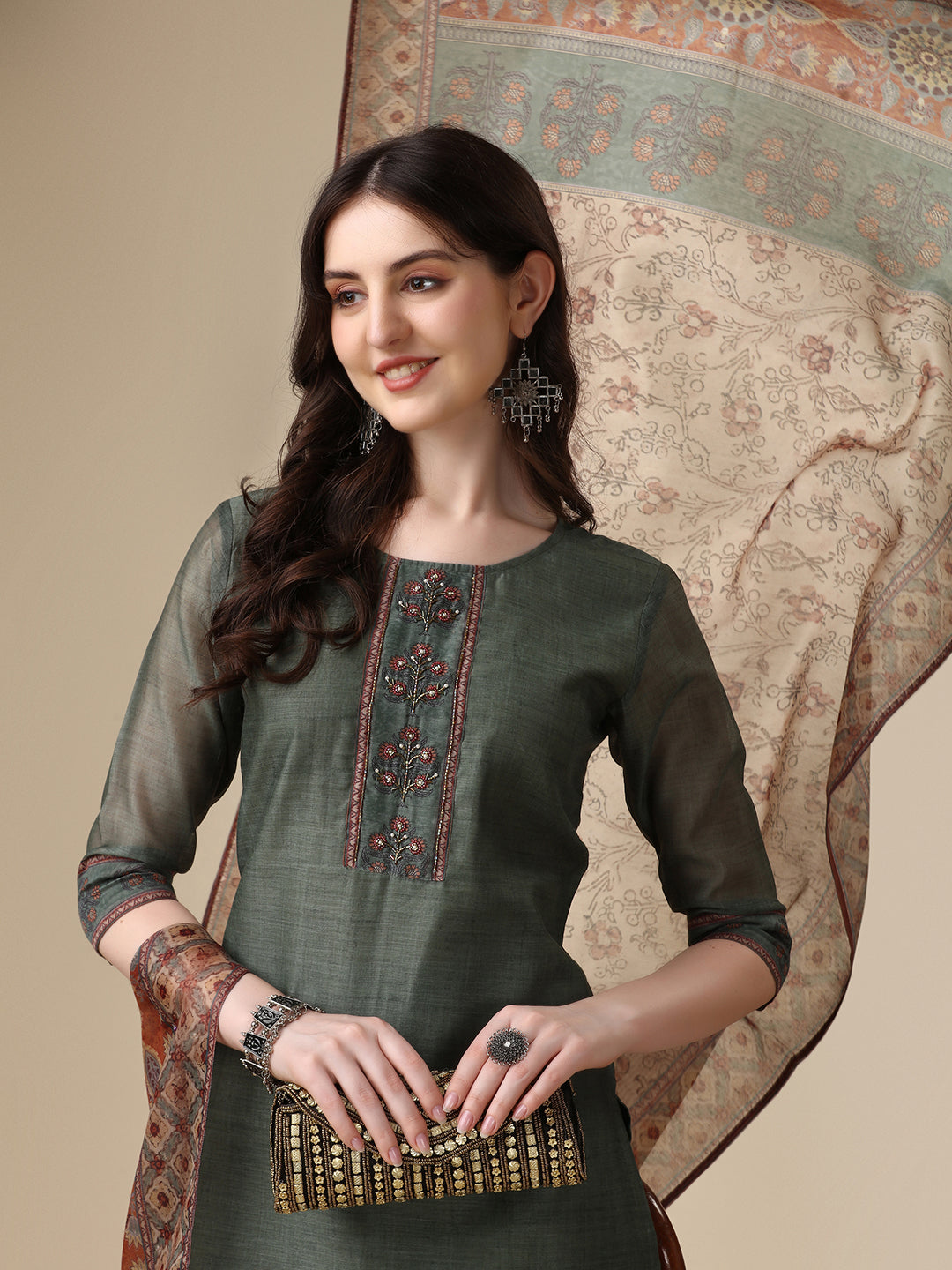 Printed & Hand Embroidered Kurta With Pant And Printed Dupatta Set, Multicolor - Hiral Fashion