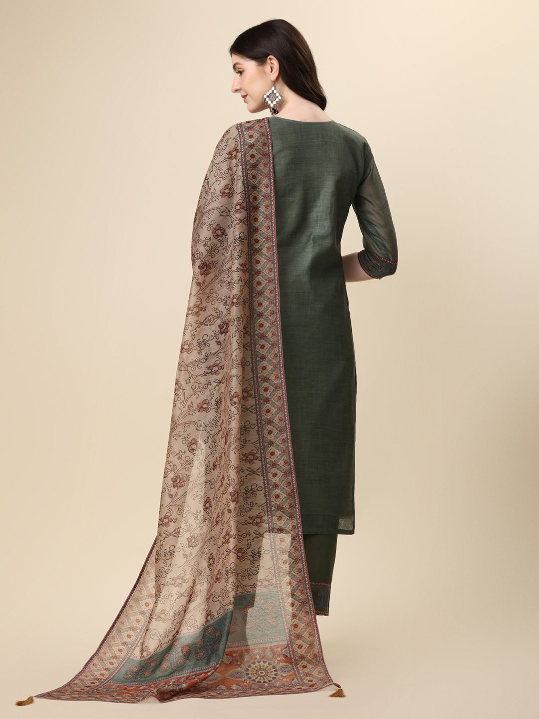 Printed & Hand Embroidered Kurta With Pant And Printed Dupatta Set, Multicolor - Hiral Fashion