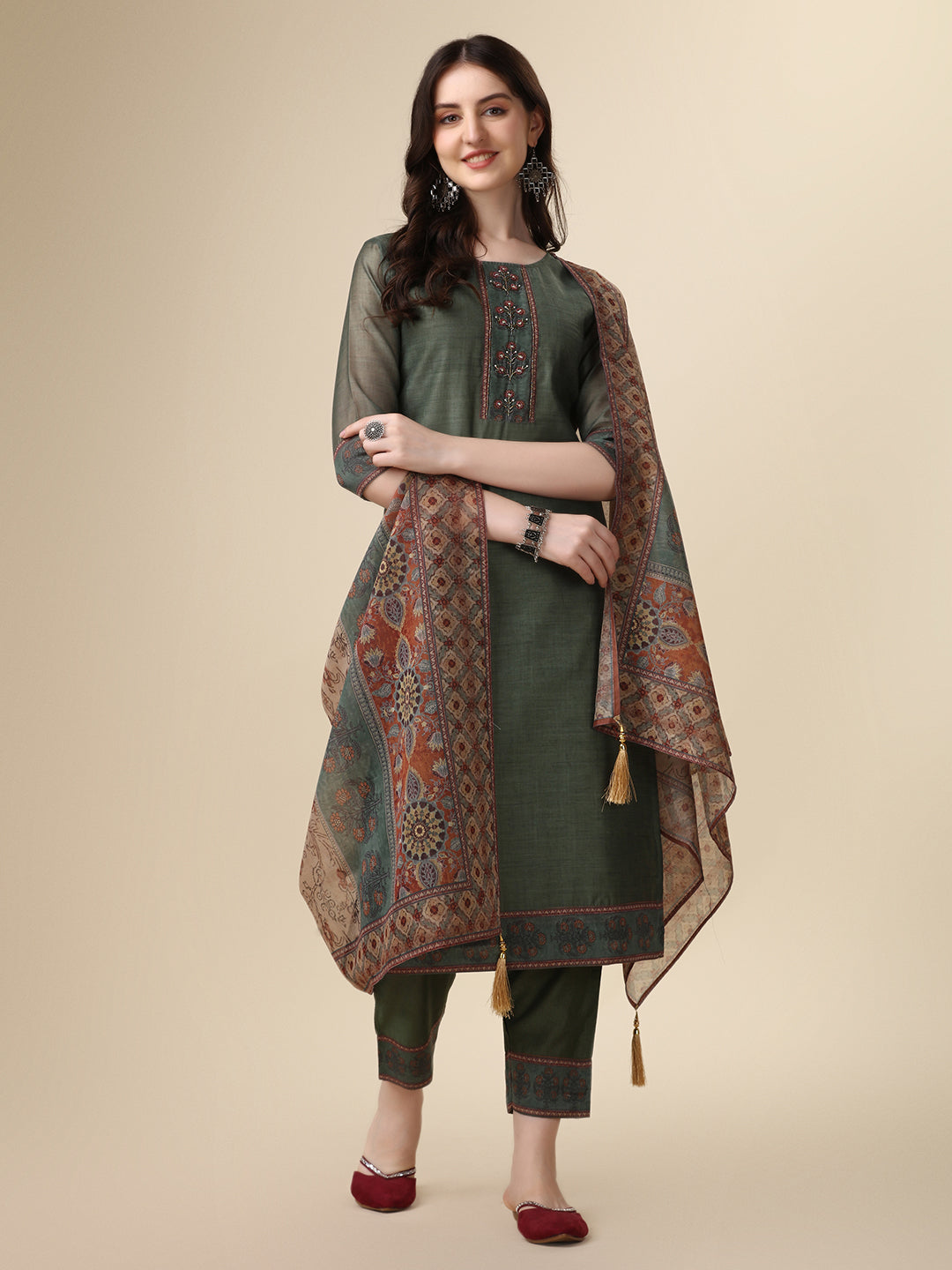 Printed & Hand Embroidered Kurta With Pant And Printed Dupatta Set, Multicolor - Hiral Fashion