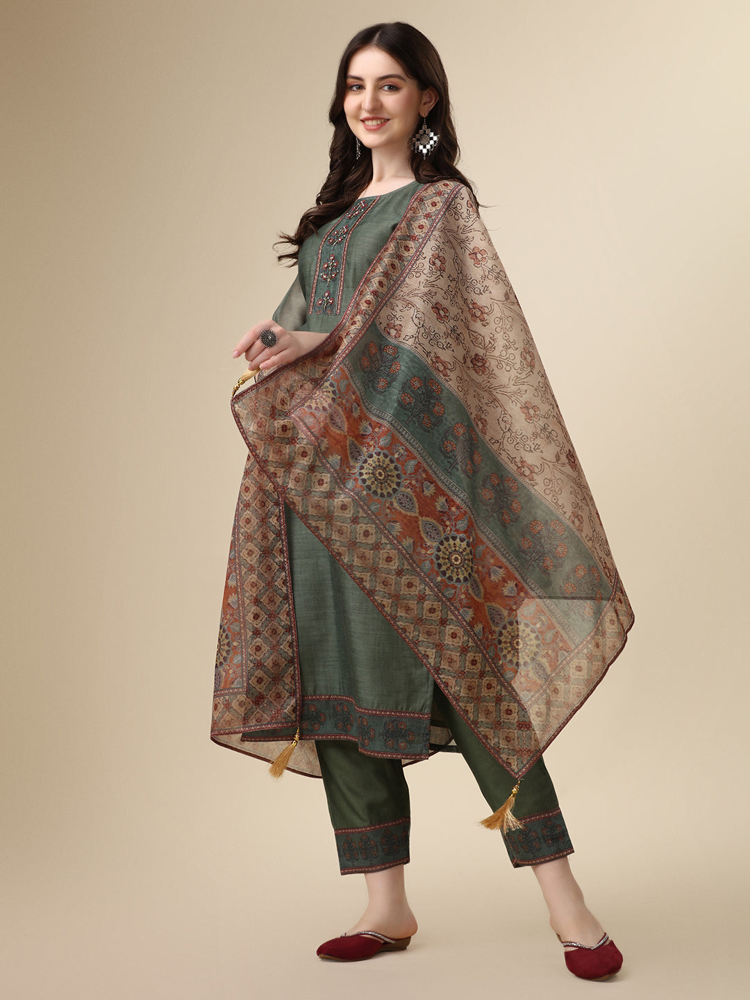 Printed & Hand Embroidered Kurta With Pant And Printed Dupatta Set, Multicolor - Hiral Fashion
