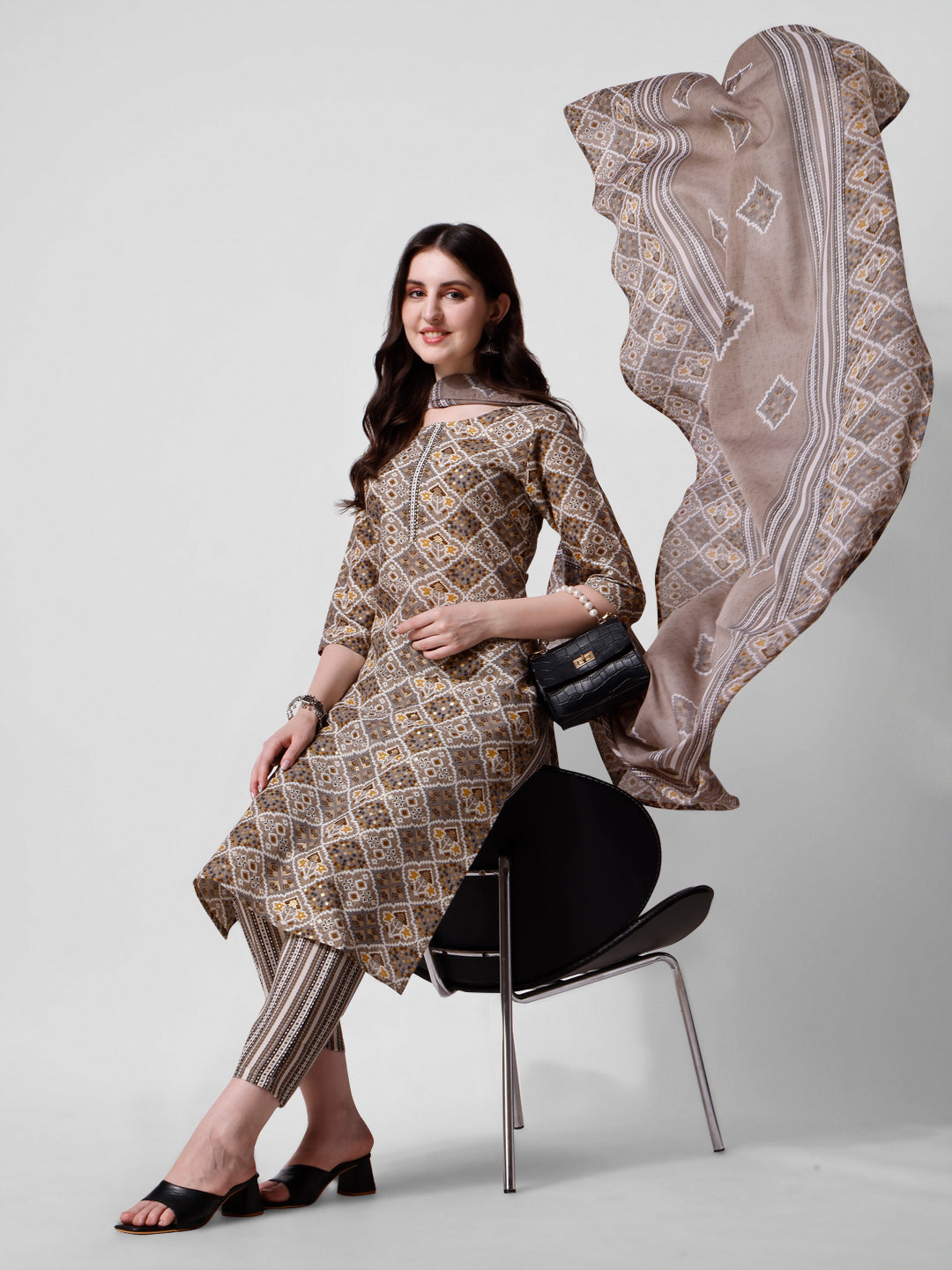 Printed Brown Kurta Pant & Dupatta Set, Multicolor - Hiral Fashion