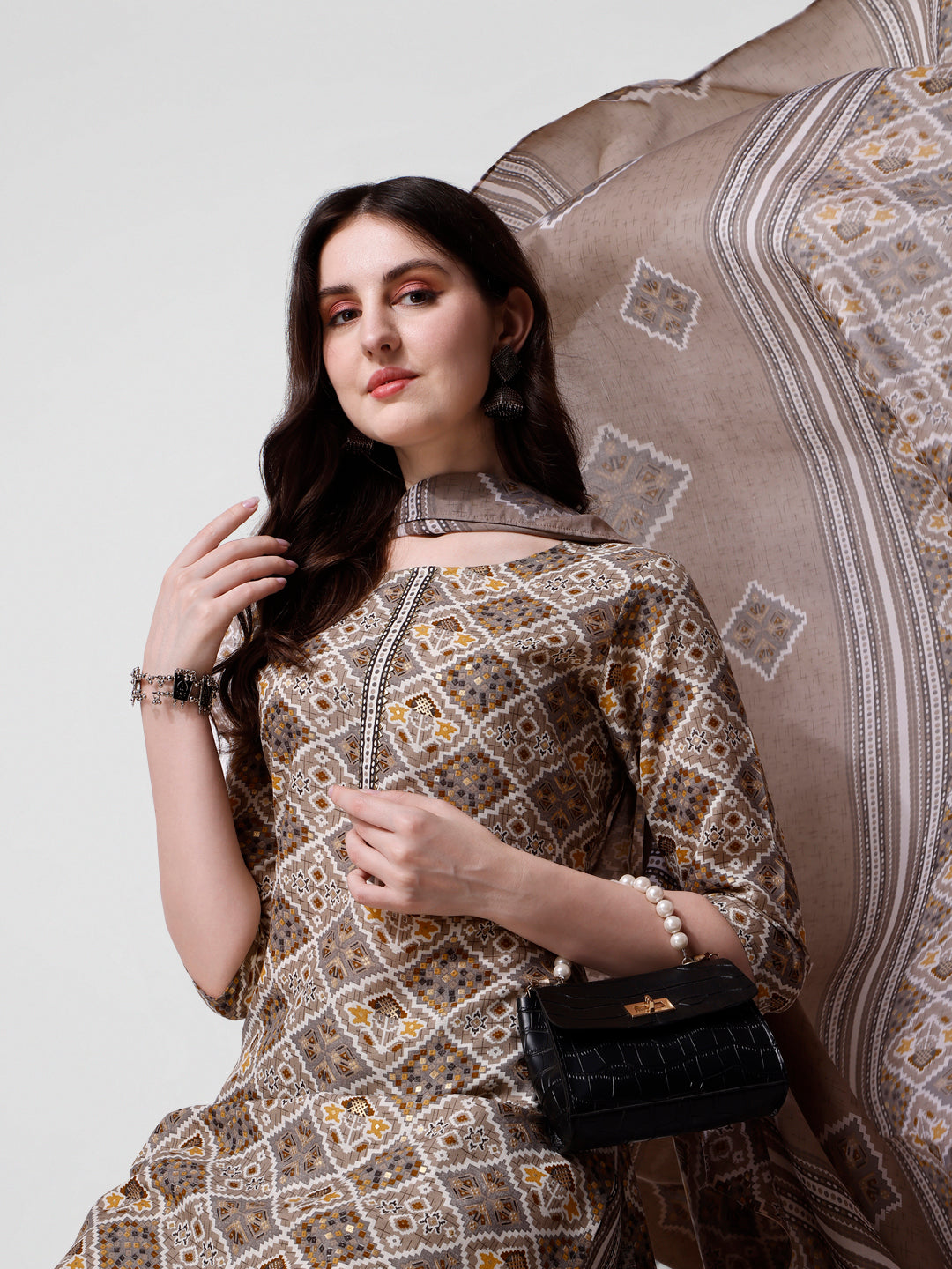 Printed Brown Kurta Pant & Dupatta Set, Multicolor - Hiral Fashion