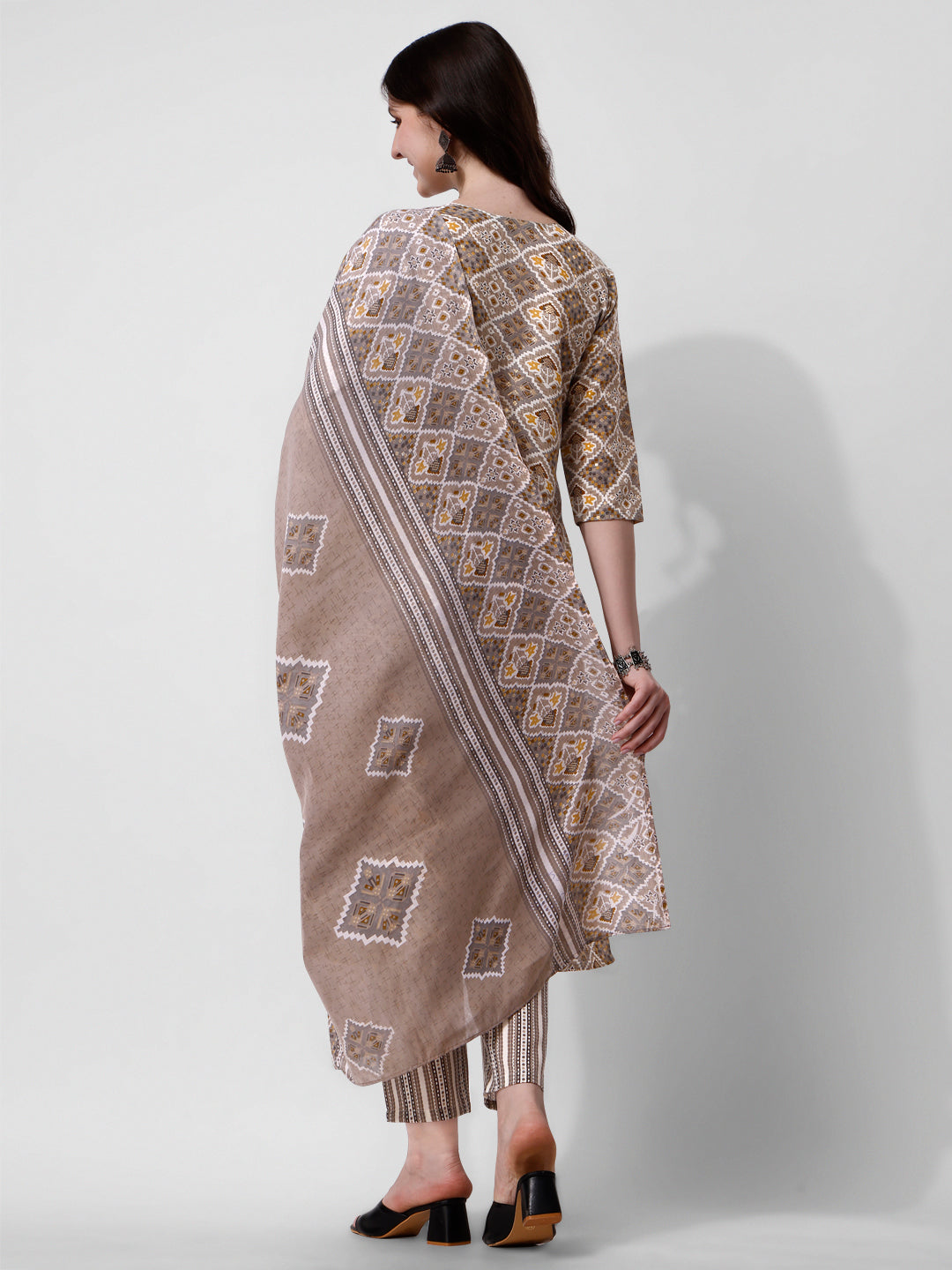 Printed Brown Kurta Pant & Dupatta Set, Multicolor - Hiral Fashion