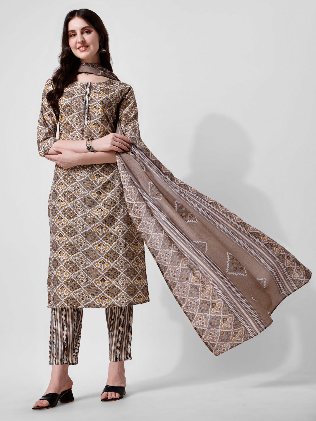 Printed Brown Kurta Pant & Dupatta Set, Multicolor - Hiral Fashion