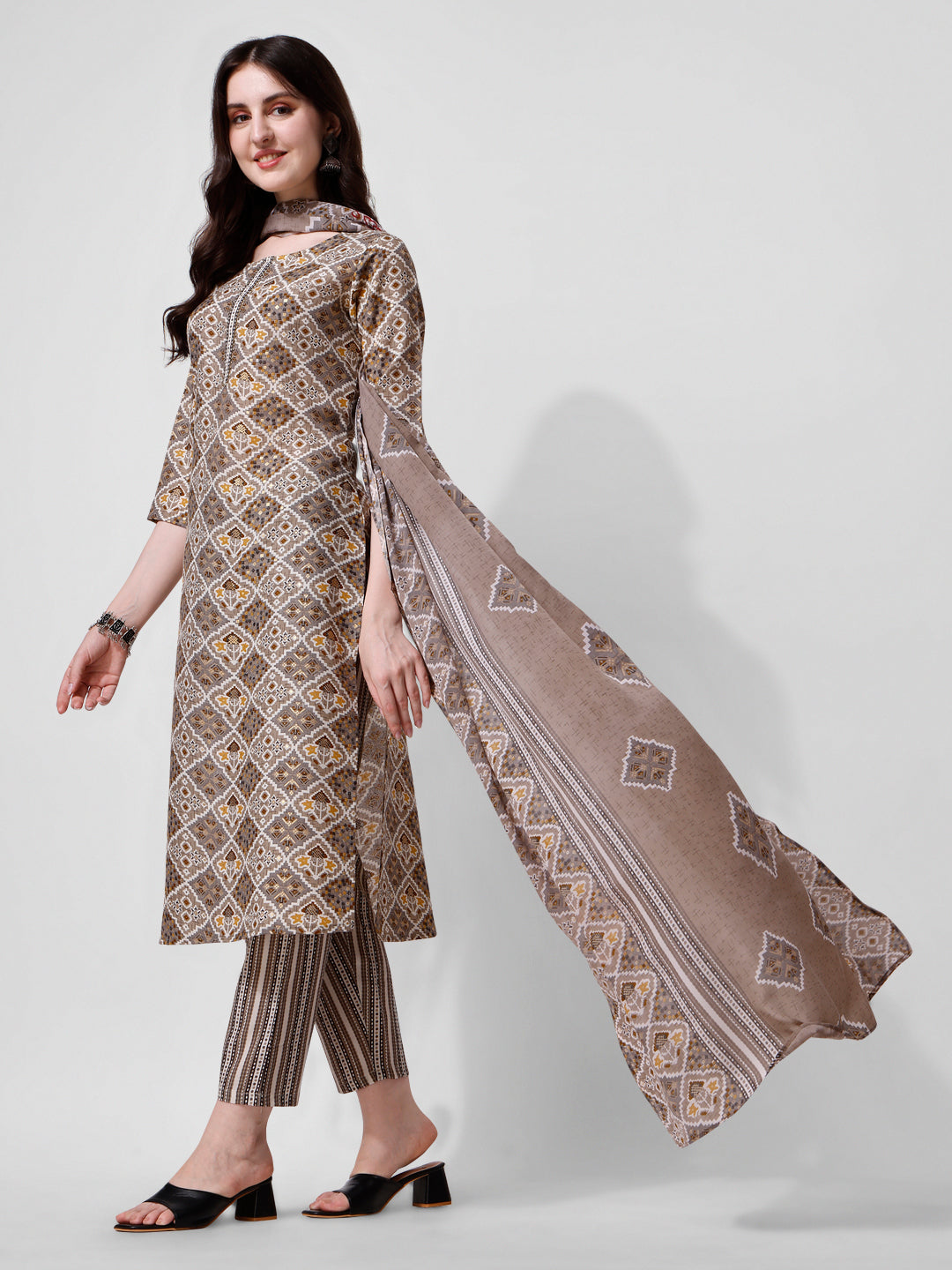 Printed Brown Kurta Pant & Dupatta Set, Multicolor - Hiral Fashion