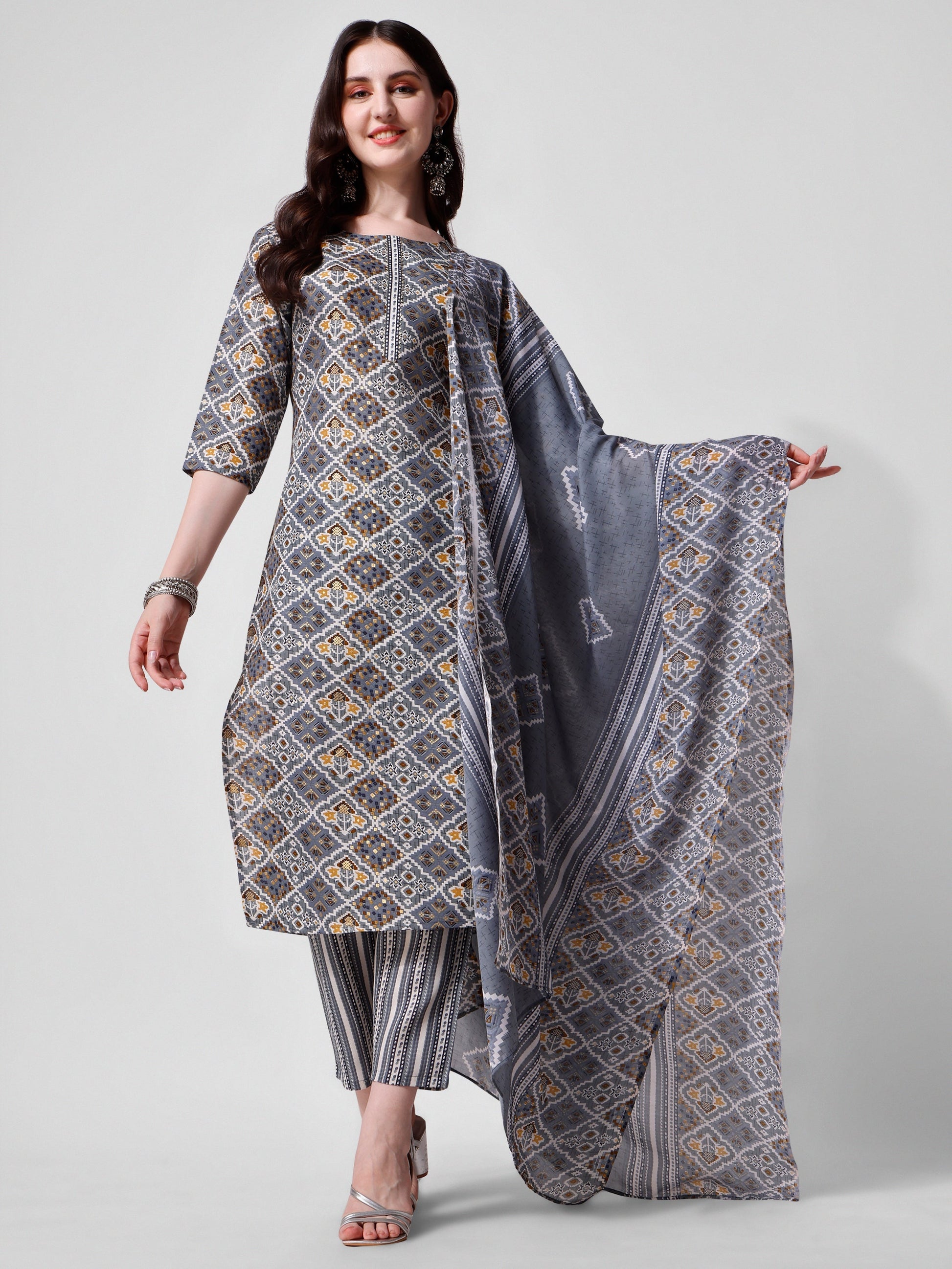 Printed Blue Kurta Pant & Dupatta Set, Multicolor - Hiral Fashion