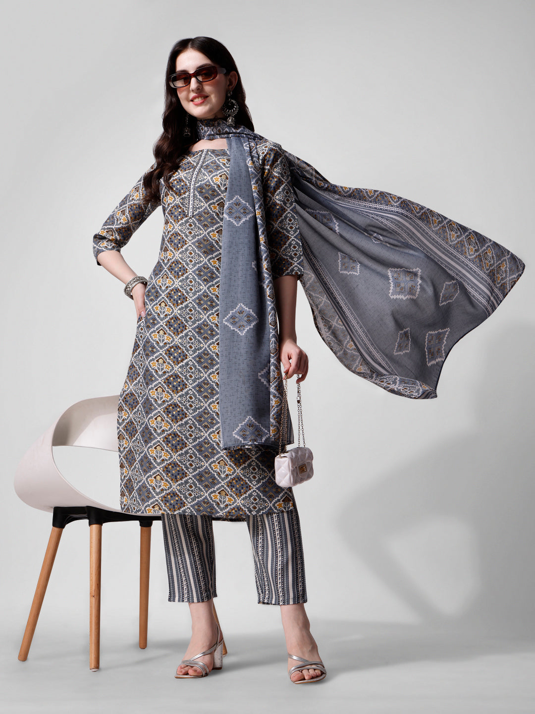 Printed Blue Kurta Pant & Dupatta Set, Multicolor - Hiral Fashion