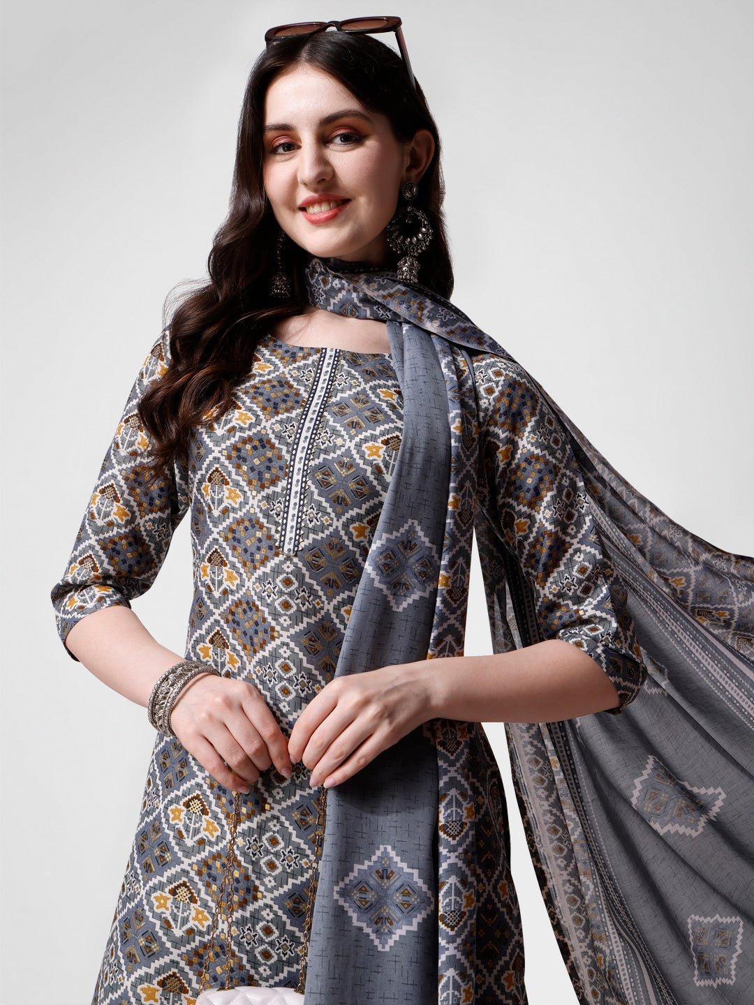 Printed Blue Kurta Pant & Dupatta Set, Multicolor - Hiral Fashion