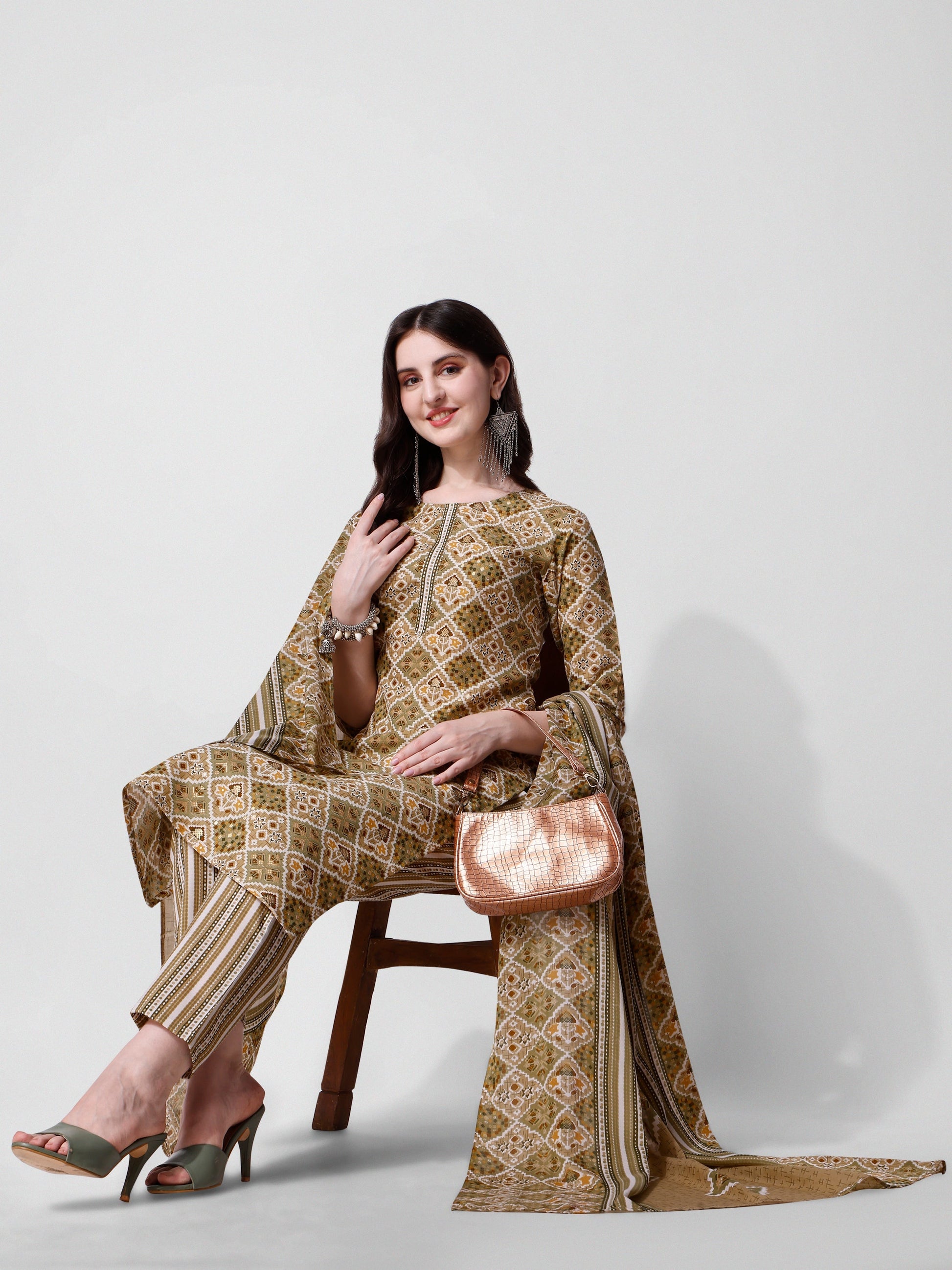 Printed Green Kurta Pant & Dupatta Set, Multicolor - Hiral Fashion