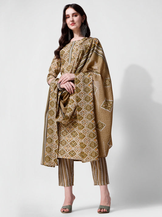 Printed Green Kurta Pant & Dupatta Set, Multicolor - Hiral Fashion