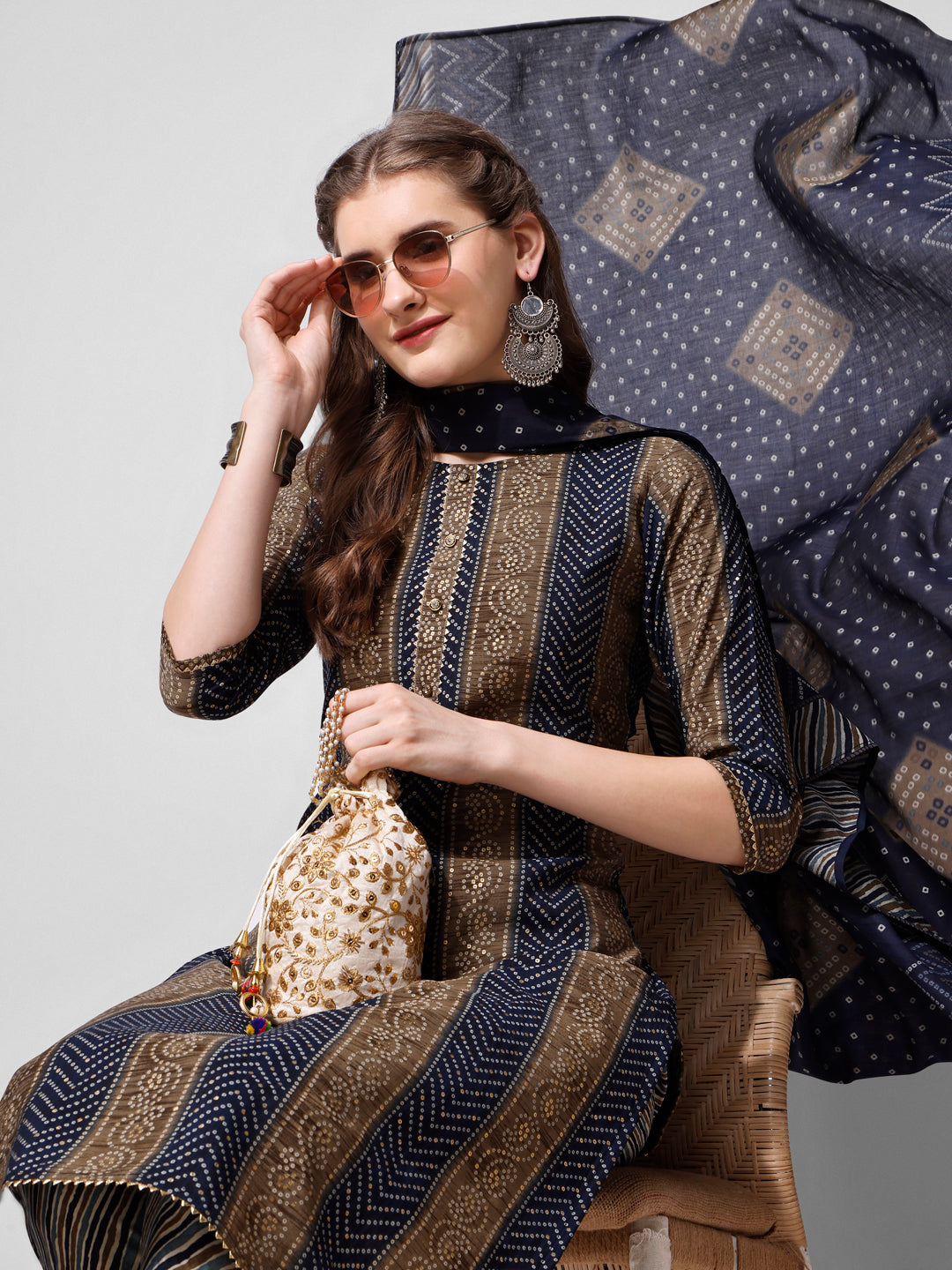 Printed Kurta With Pant And Dupatta Set, Multicolor - Hiral Fashion