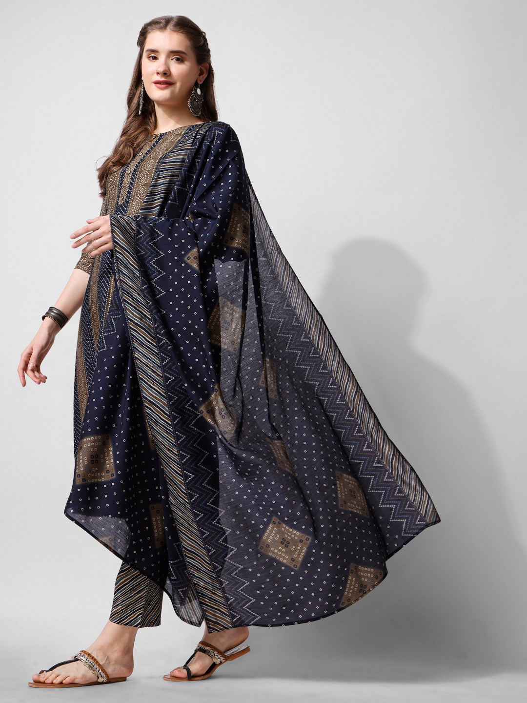 Printed Kurta With Pant And Dupatta Set, Multicolor - Hiral Fashion