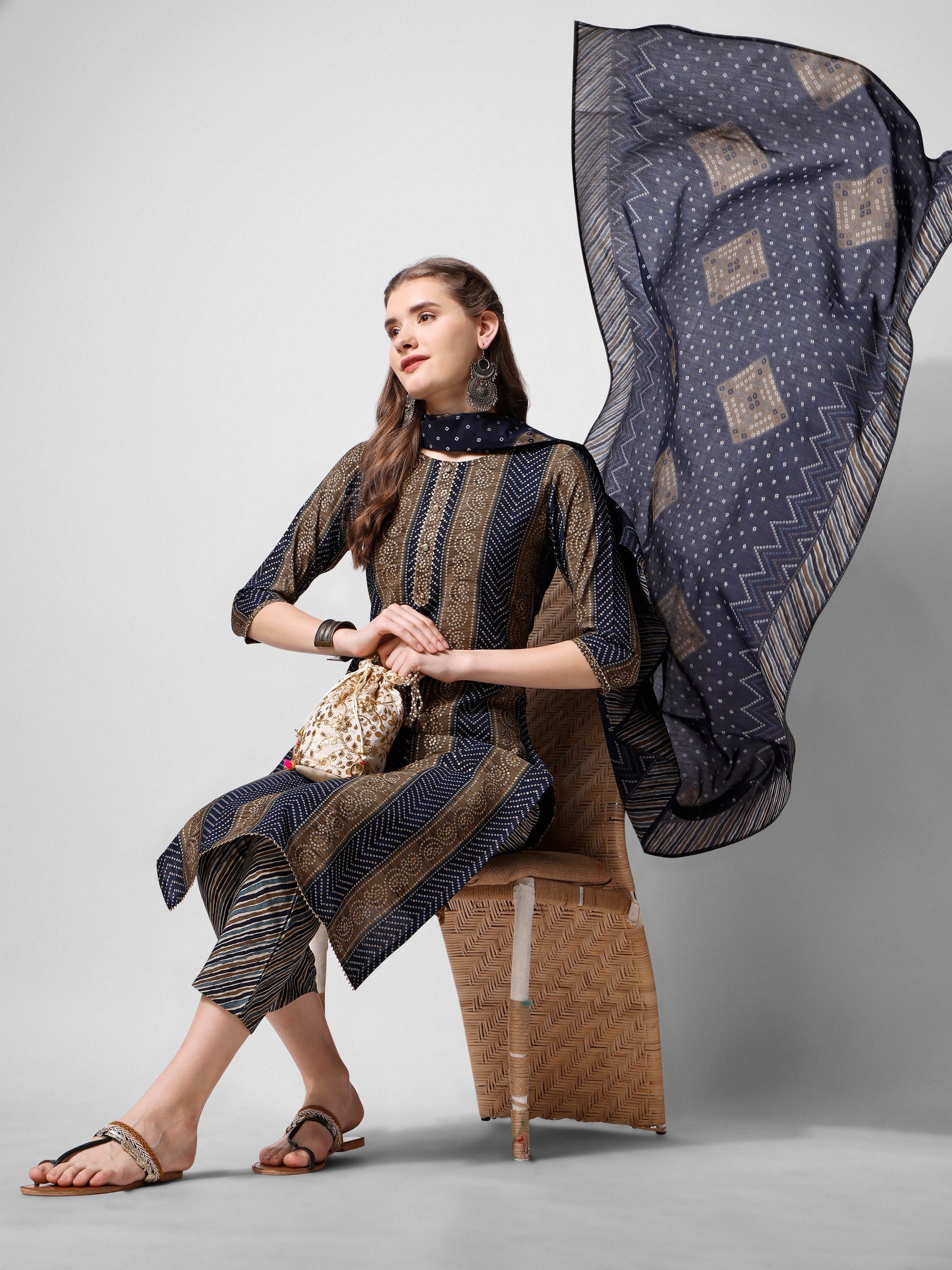 Printed Kurta With Pant And Dupatta Set, Multicolor - Hiral Fashion