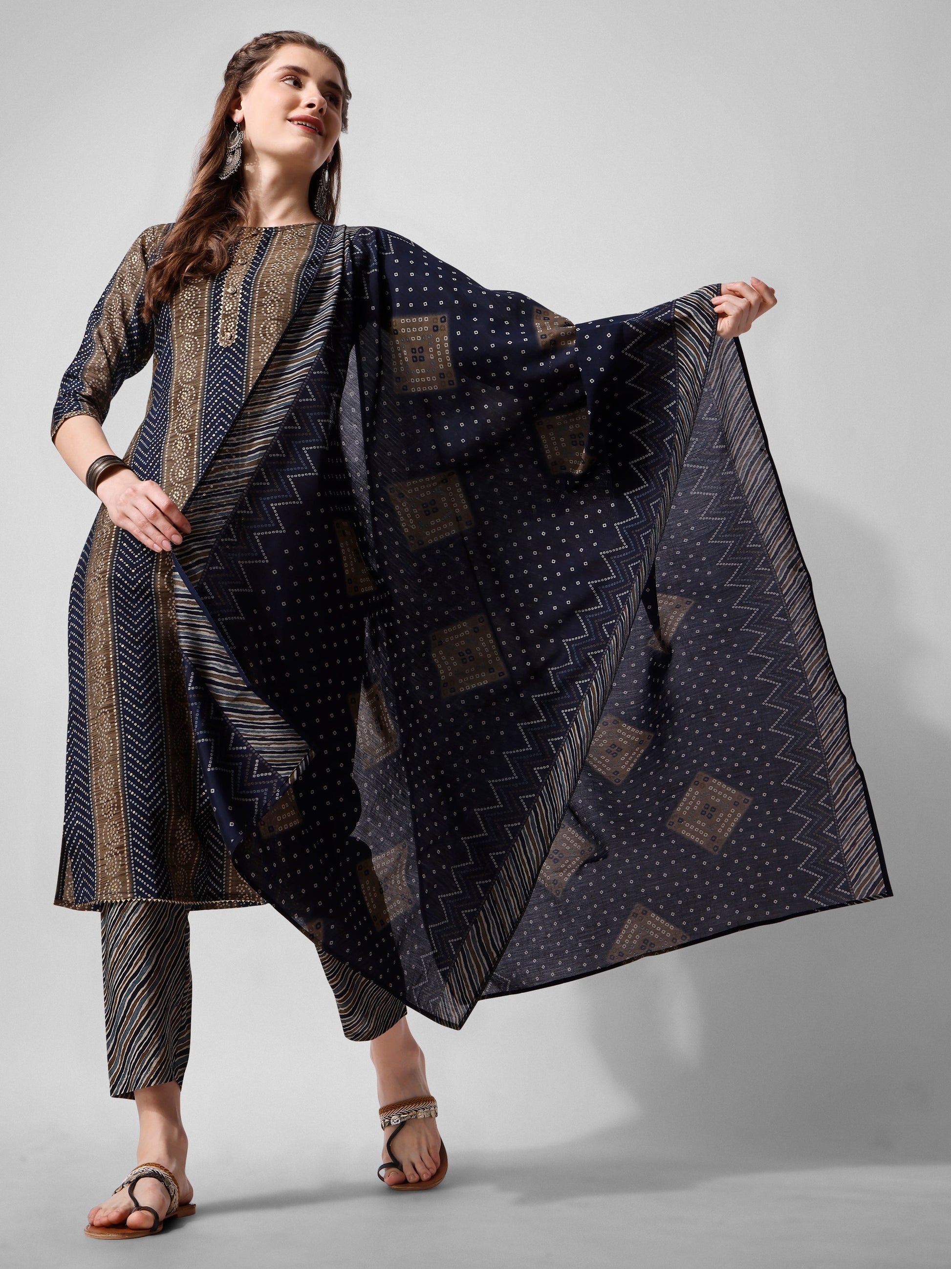 Printed Kurta With Pant And Dupatta Set, Multicolor - Hiral Fashion