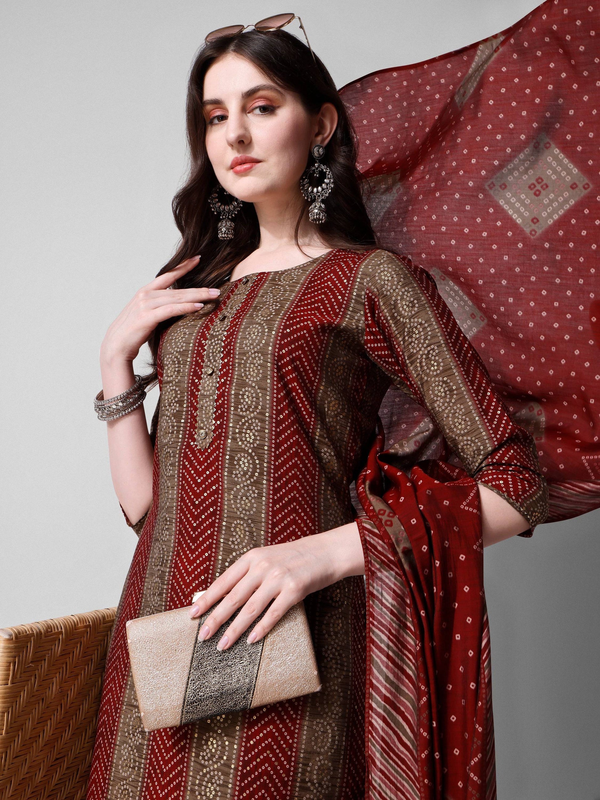 Printed Kurta With Pant And Dupatta Set, Multicolor - Hiral Fashion