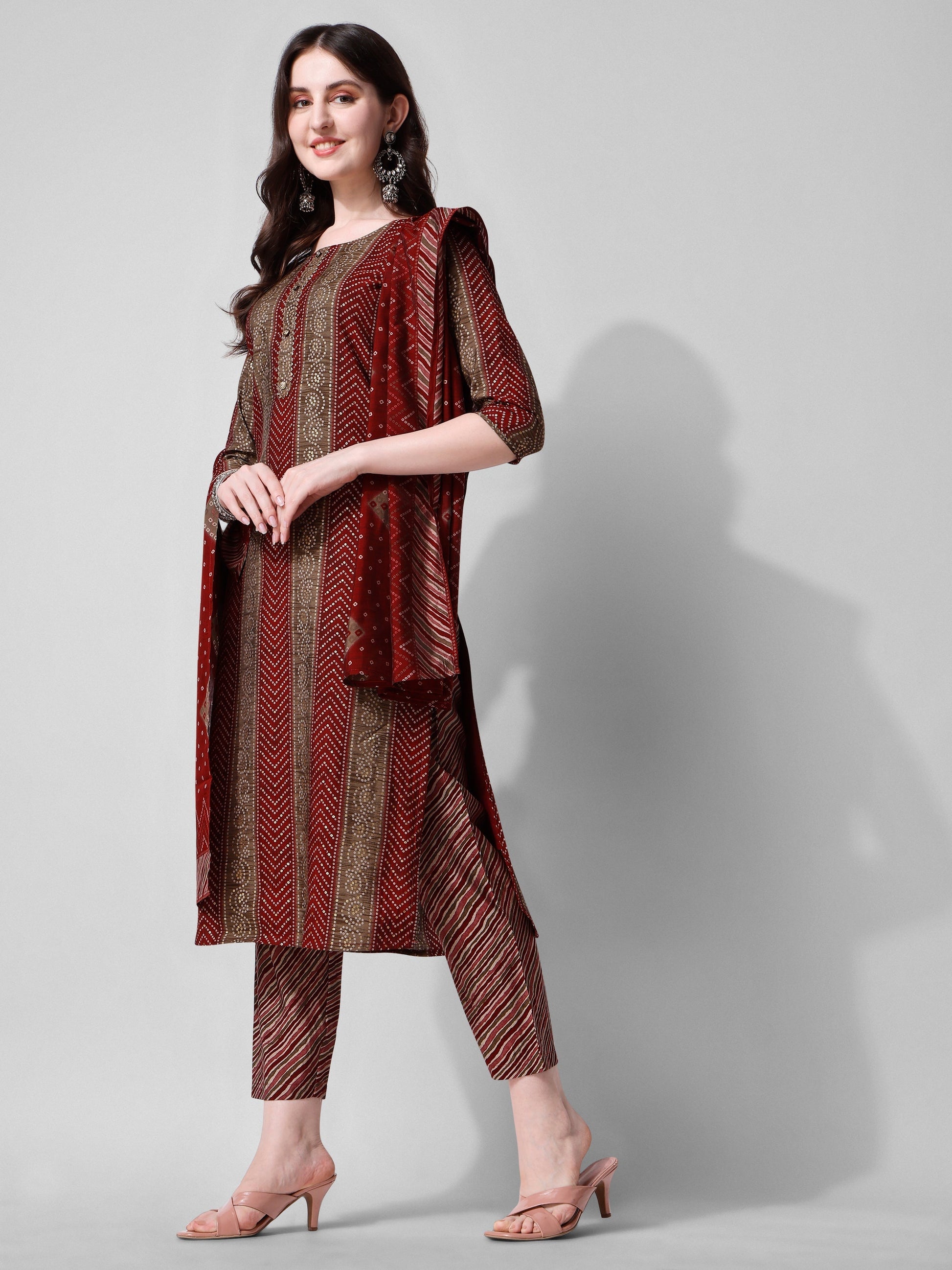 Printed Kurta With Pant And Dupatta Set, Multicolor - Hiral Fashion