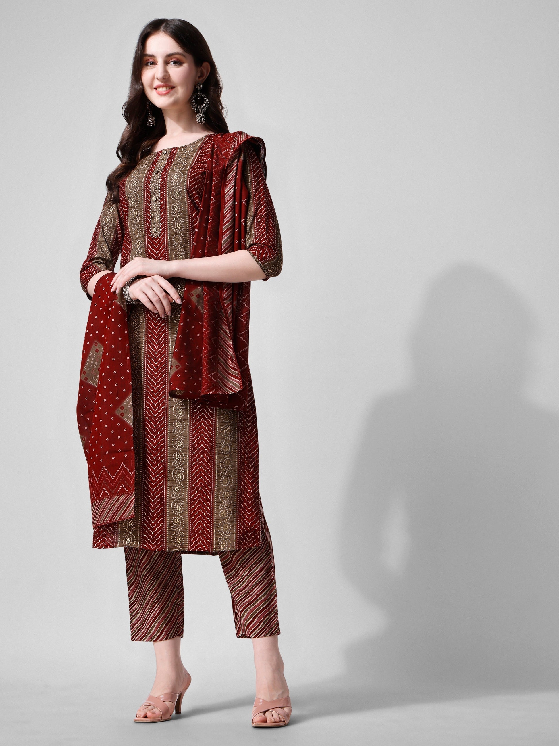 Printed Kurta With Pant And Dupatta Set, Multicolor - Hiral Fashion