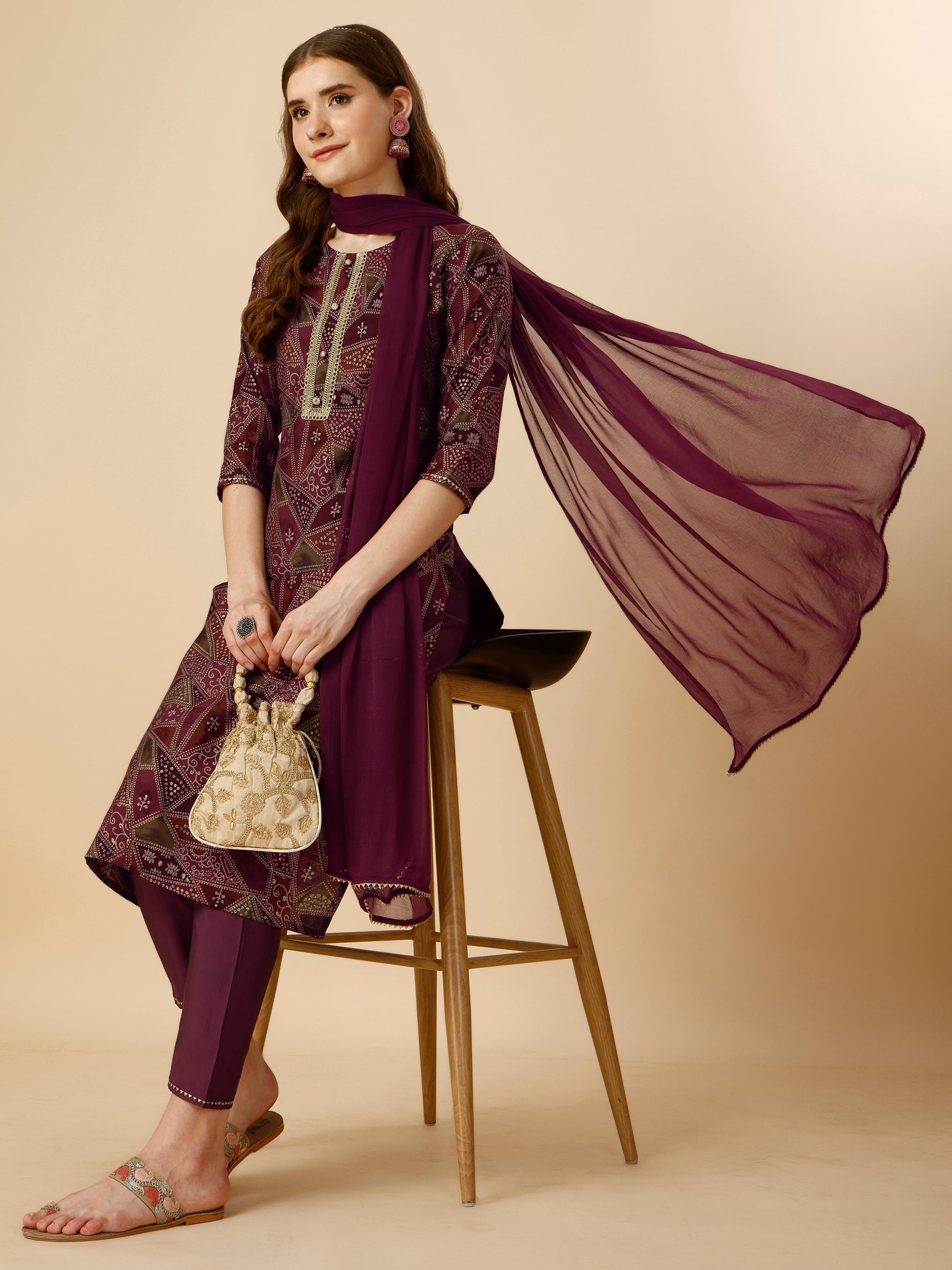 Printed Button And Embellished Kurta With Pant And Dupatta Set, Multicolor - Hiral Fashion
