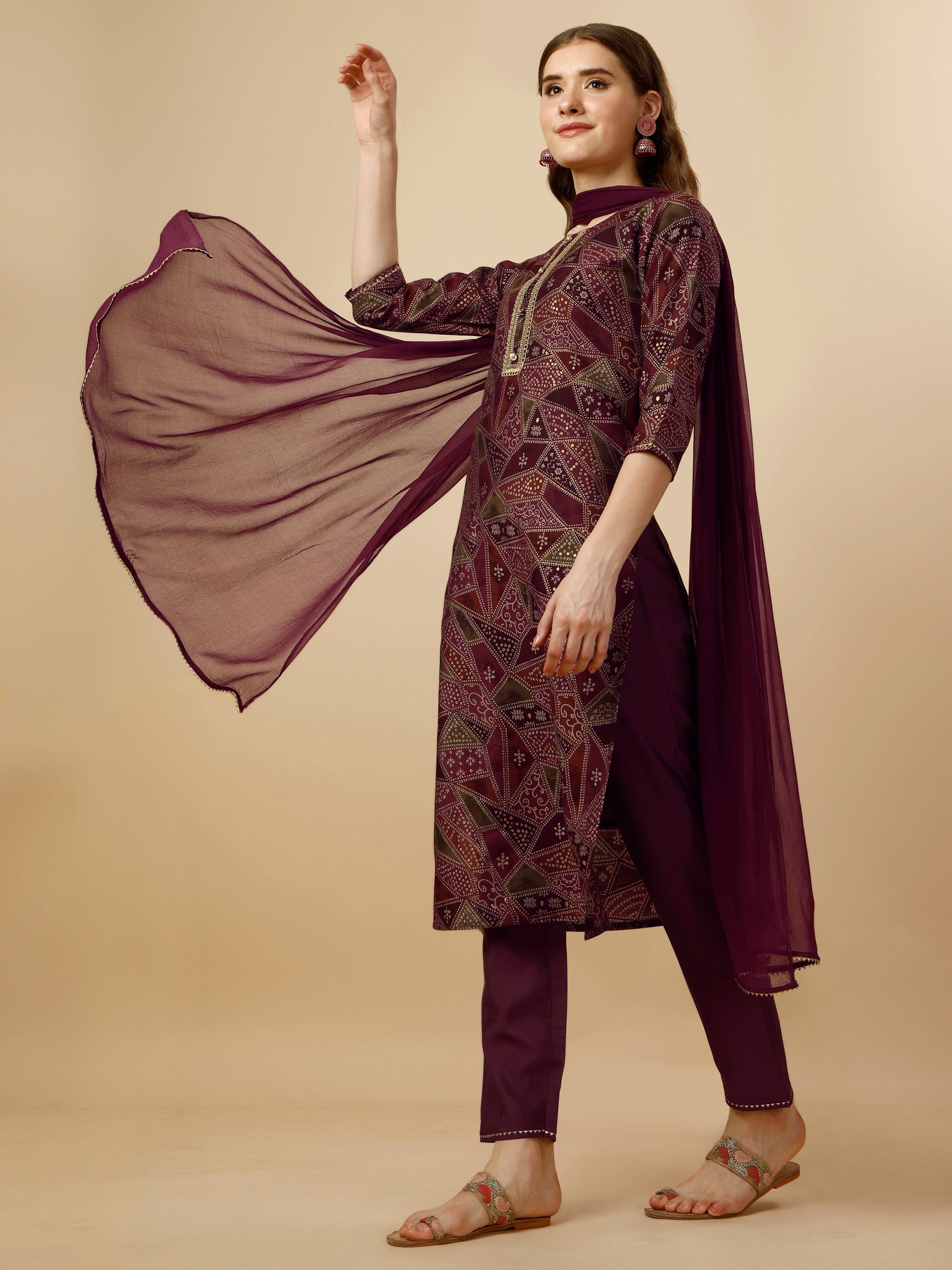 Printed Button And Embellished Kurta With Pant And Dupatta Set, Multicolor - Hiral Fashion