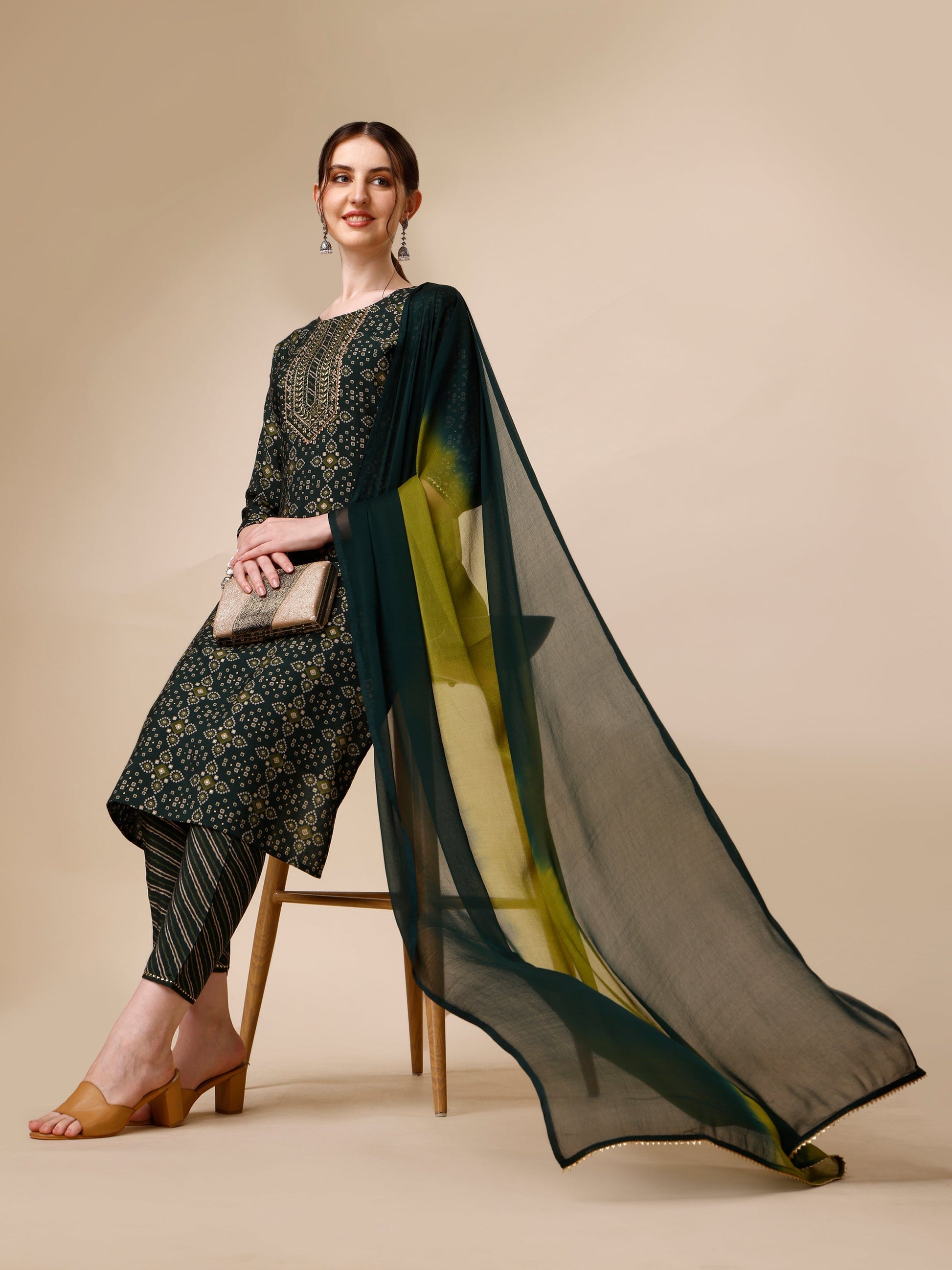 Ethnic Motif & Embroidered Kurta With Pant & Dupatta Set, Multicolor - Hiral Fashion