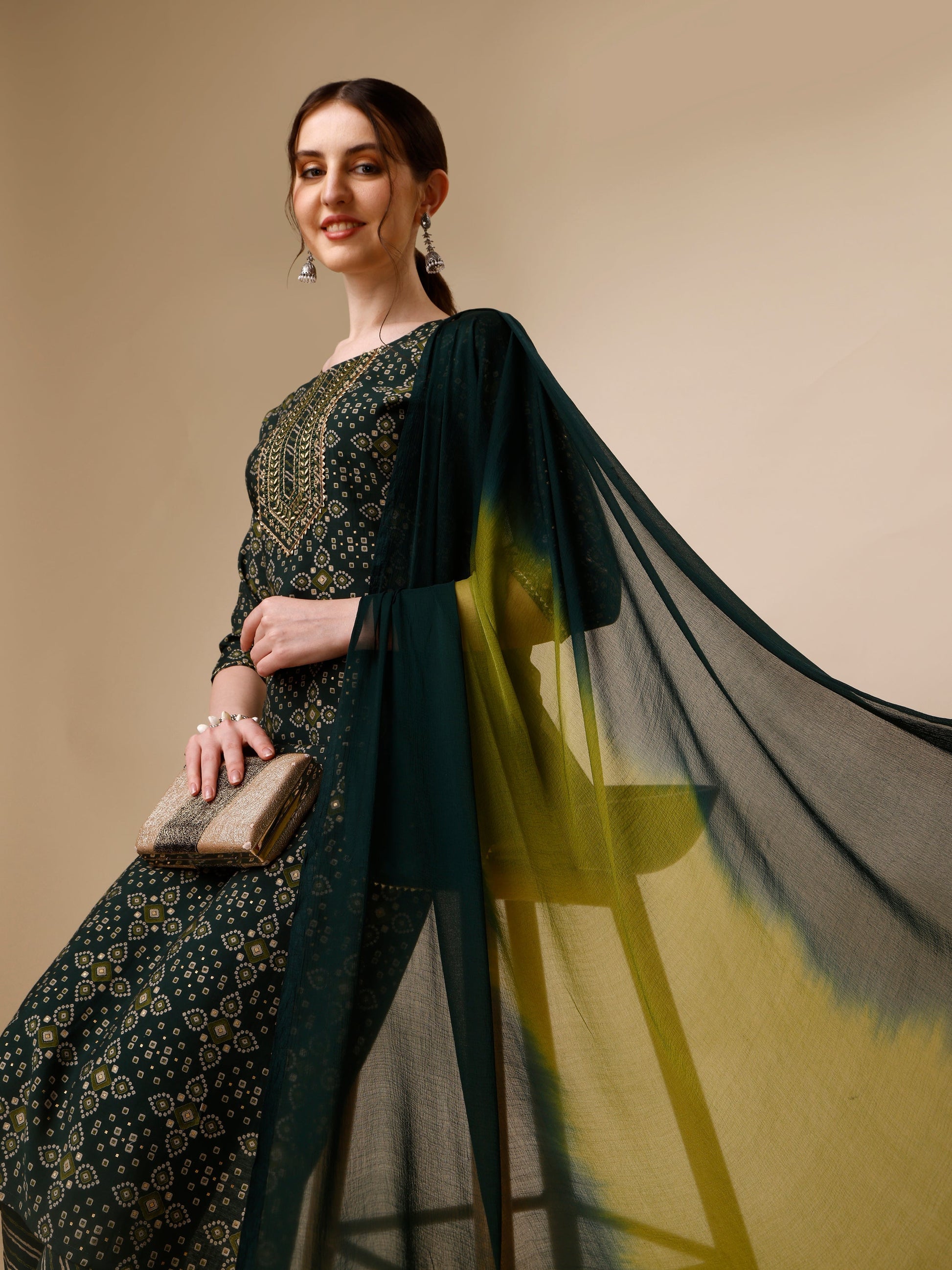 Ethnic Motif & Embroidered Kurta With Pant & Dupatta Set, Multicolor - Hiral Fashion