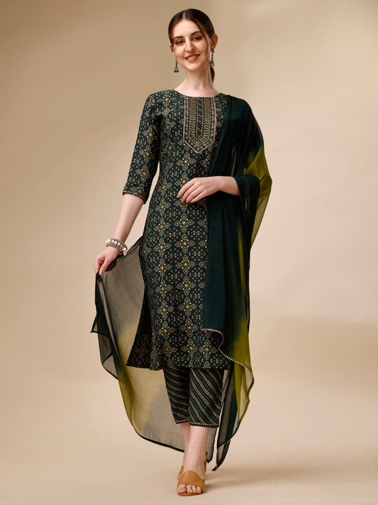 Ethnic Motif & Embroidered Kurta With Pant & Dupatta Set, Multicolor - Hiral Fashion