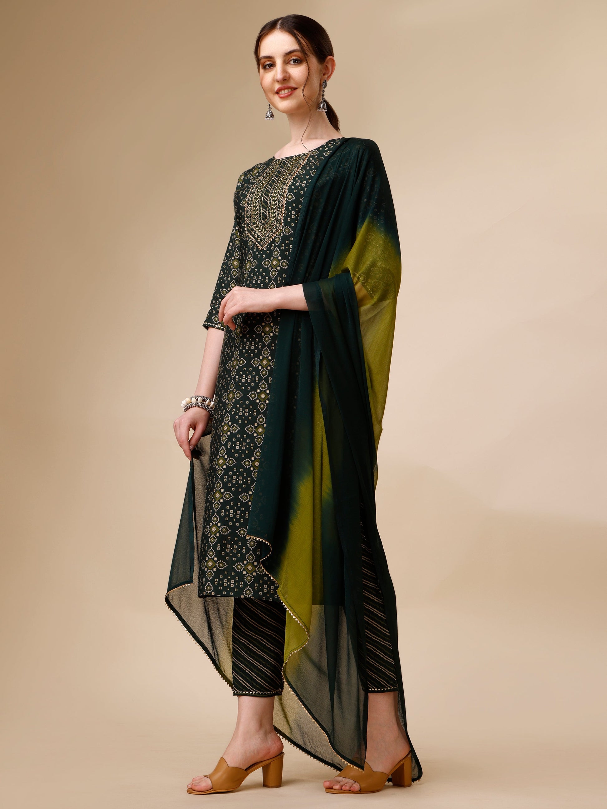 Ethnic Motif & Embroidered Kurta With Pant & Dupatta Set, Multicolor - Hiral Fashion